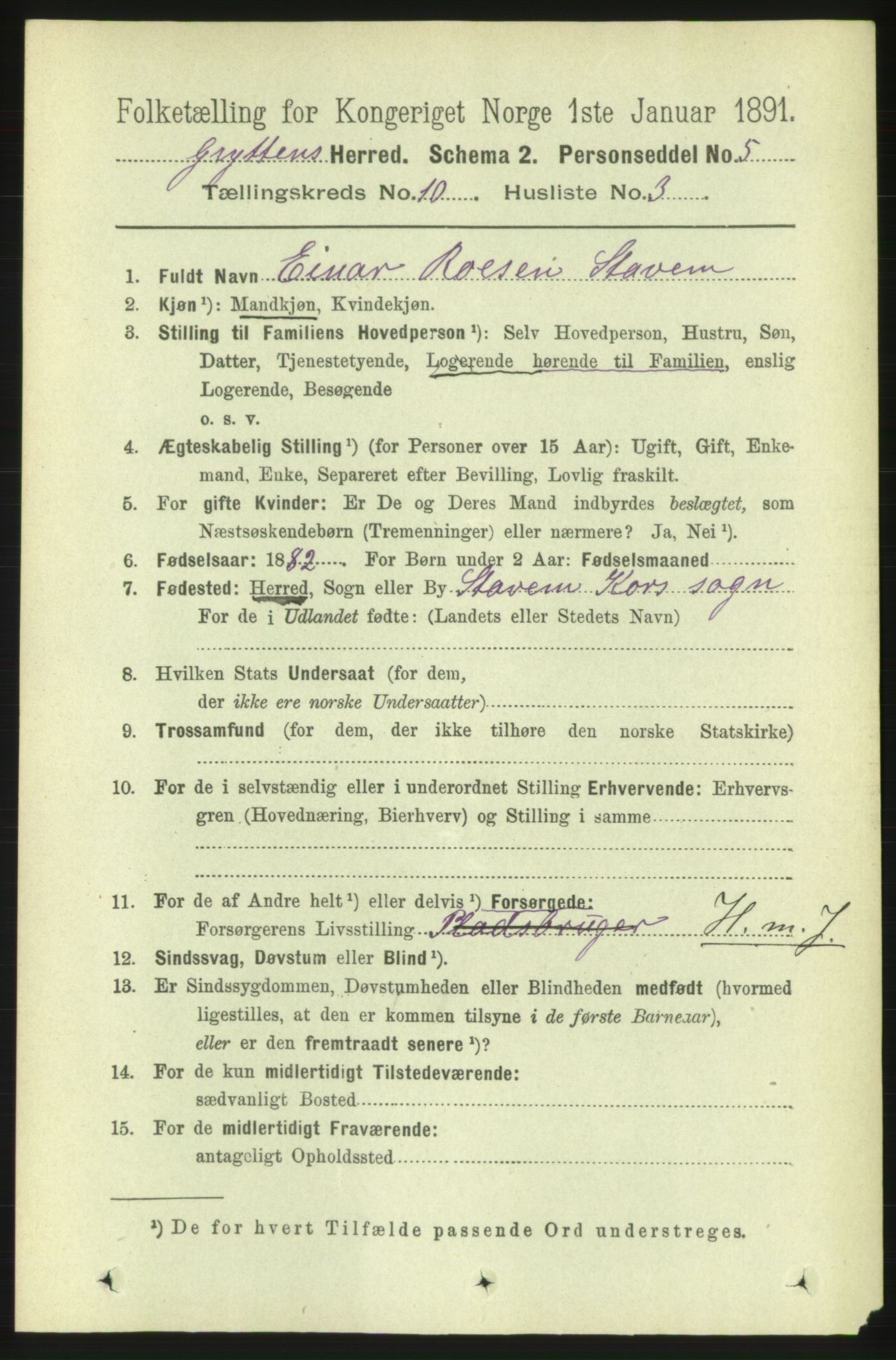 RA, 1891 census for 1539 Grytten, 1891, p. 3639