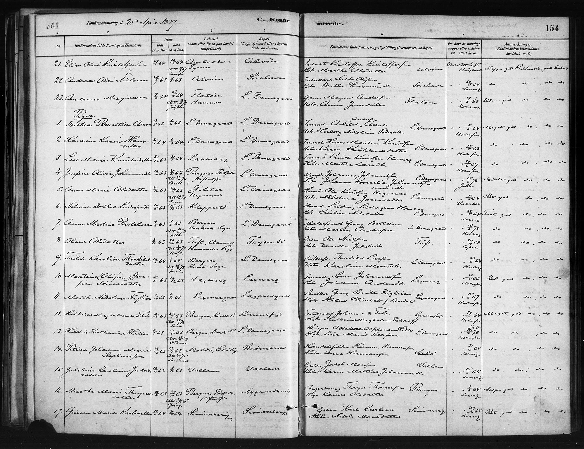 Askøy Sokneprestembete, AV/SAB-A-74101/H/Ha/Haa/Haae/L0002: Parish register (official) no. E 2, 1878-1891, p. 154