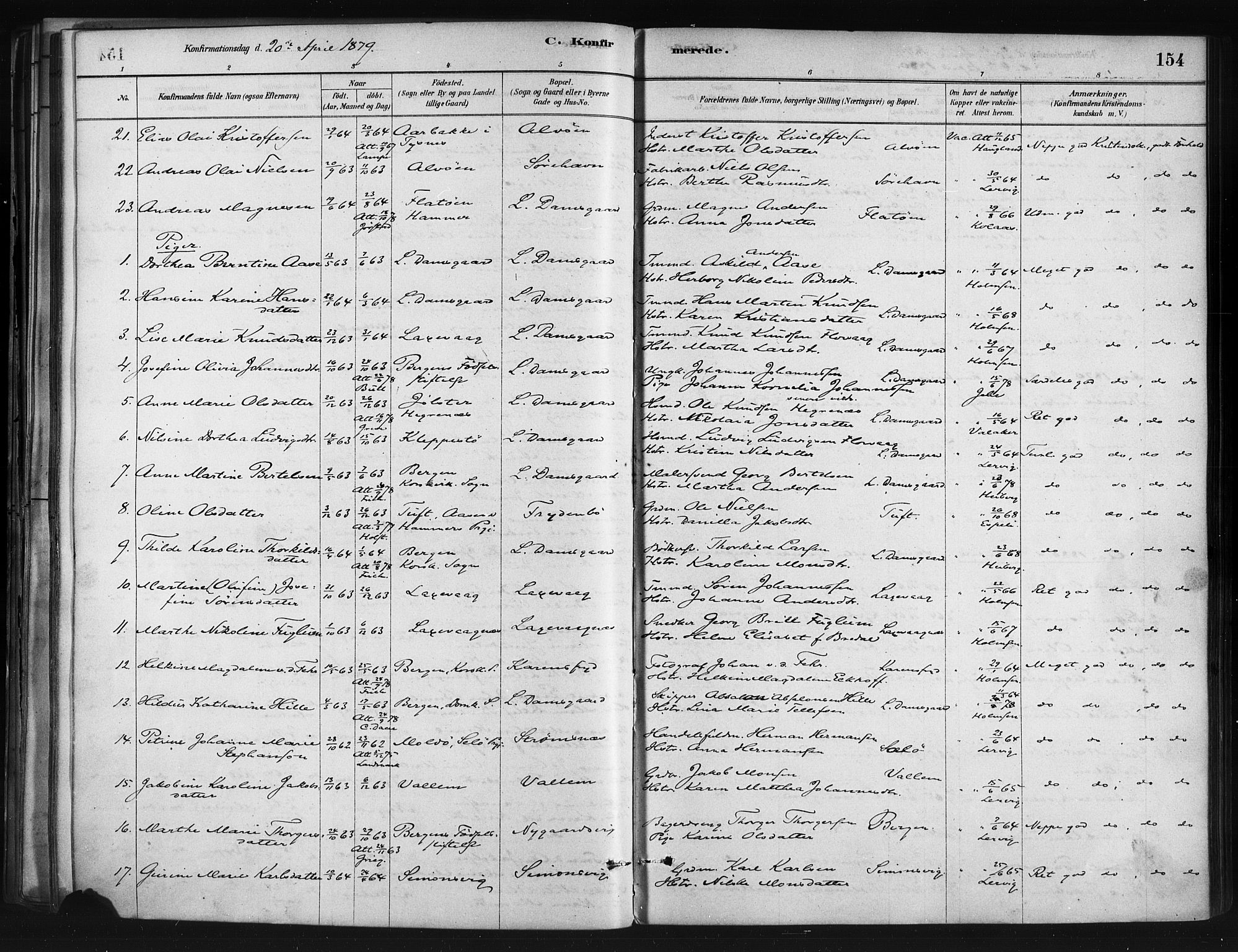 Askøy Sokneprestembete, AV/SAB-A-74101/H/Ha/Haa/Haae/L0002: Parish register (official) no. E 2, 1878-1891, p. 154