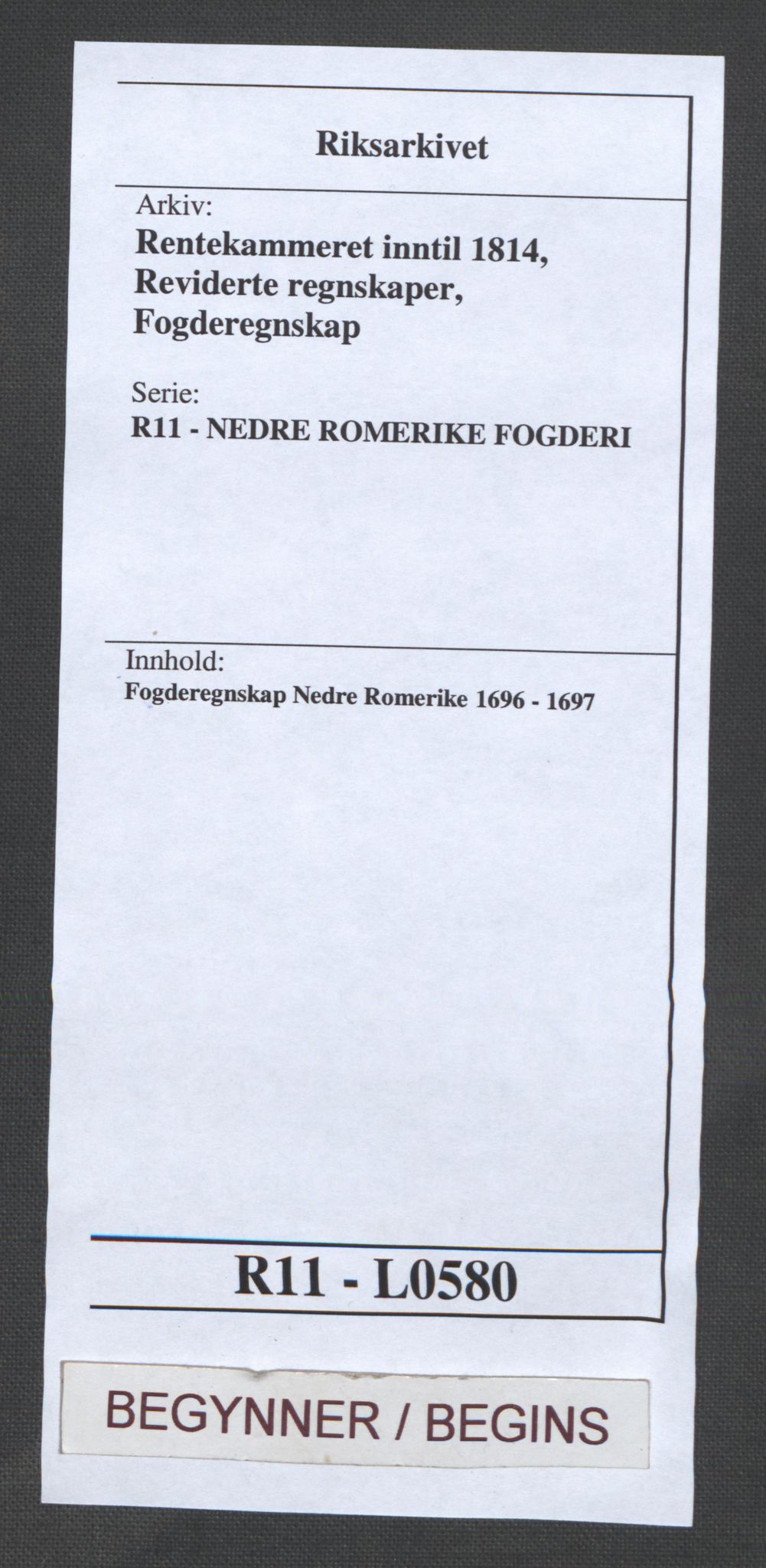 Rentekammeret inntil 1814, Reviderte regnskaper, Fogderegnskap, AV/RA-EA-4092/R11/L0580: Fogderegnskap Nedre Romerike, 1696-1697, p. 1