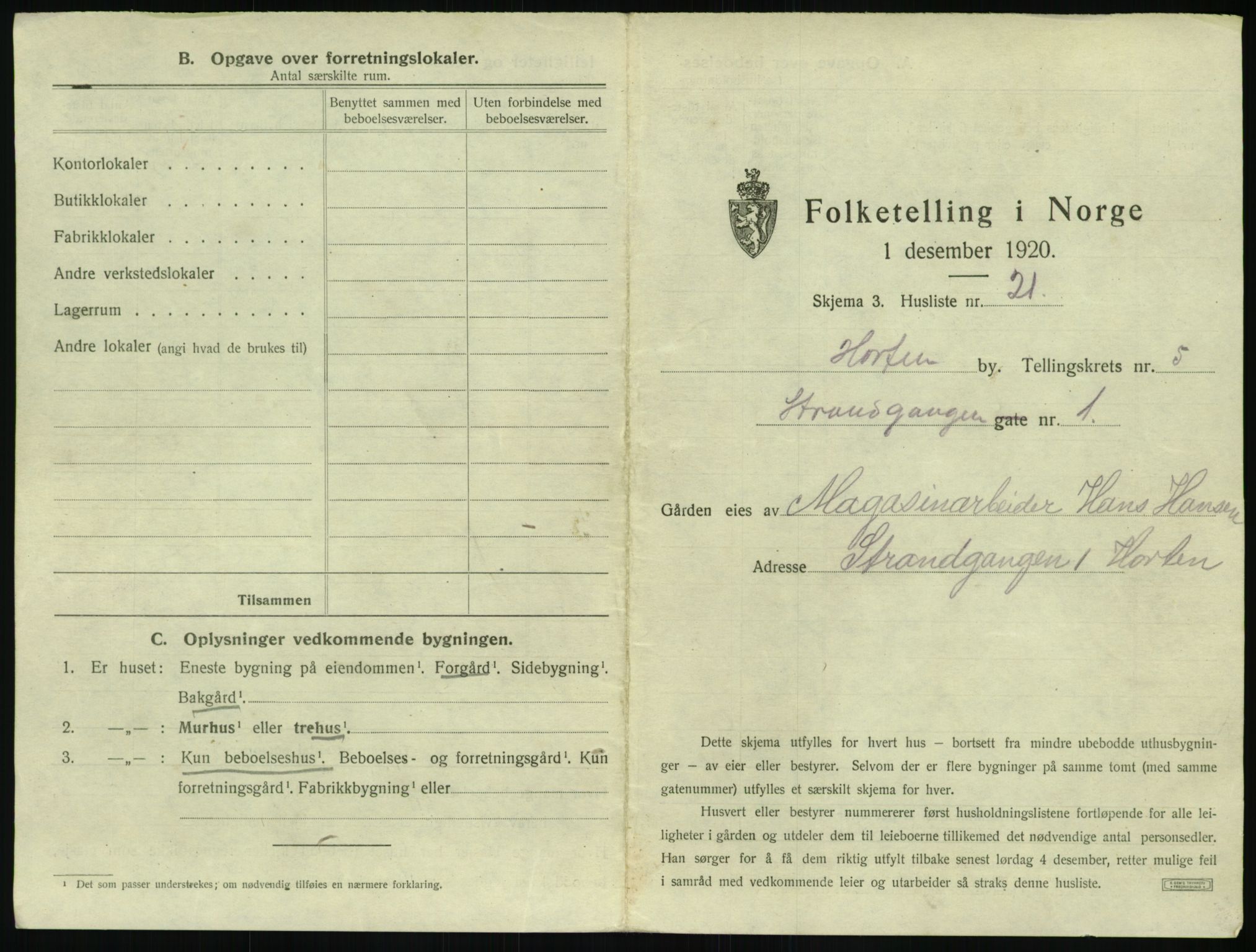 SAKO, 1920 census for Horten, 1920, p. 1579