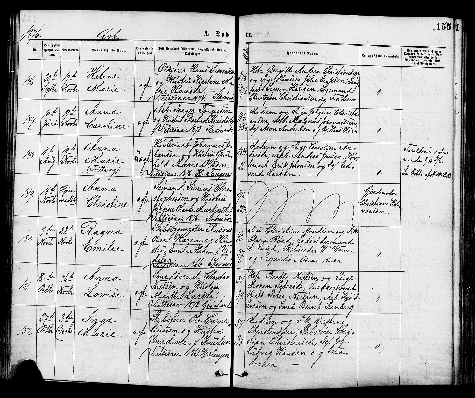 Strømsø kirkebøker, AV/SAKO-A-246/F/Fa/L0019: Parish register (official) no. I 19, 1874-1877, p. 155