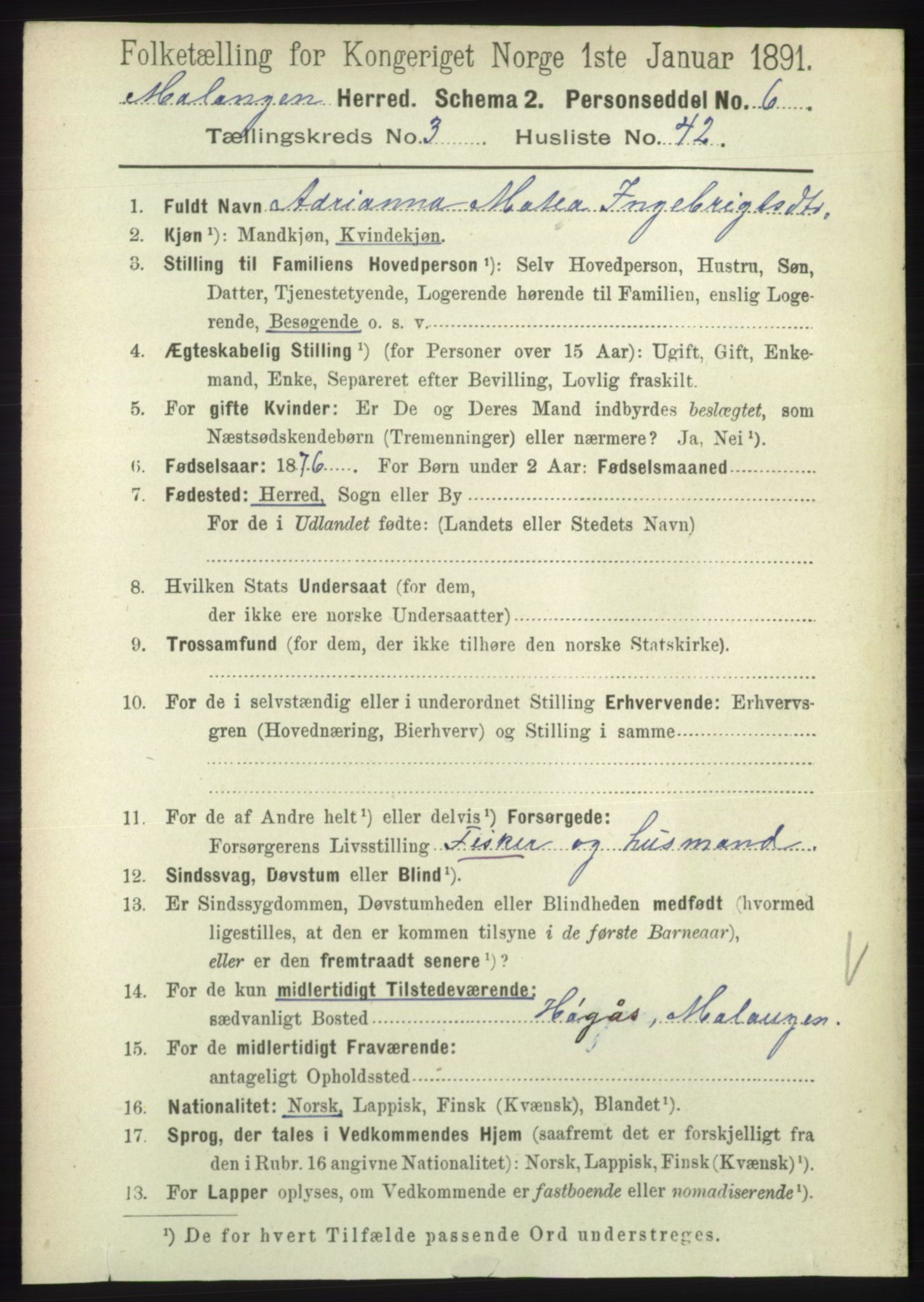 RA, 1891 census for 1932 Malangen, 1891, p. 1024