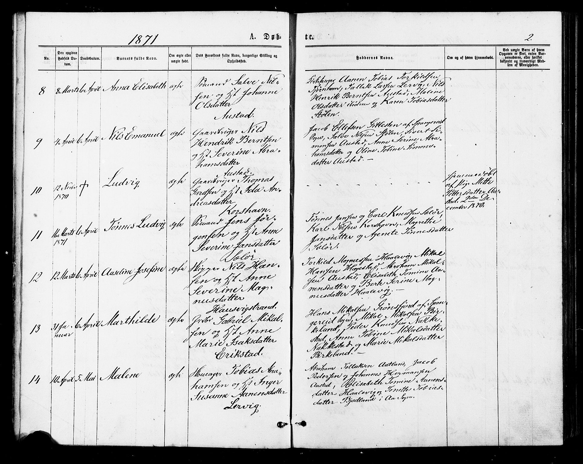 Lyngdal sokneprestkontor, AV/SAK-1111-0029/F/Fa/Faa/L0003: Parish register (official) no. A 3, 1871-1882, p. 2