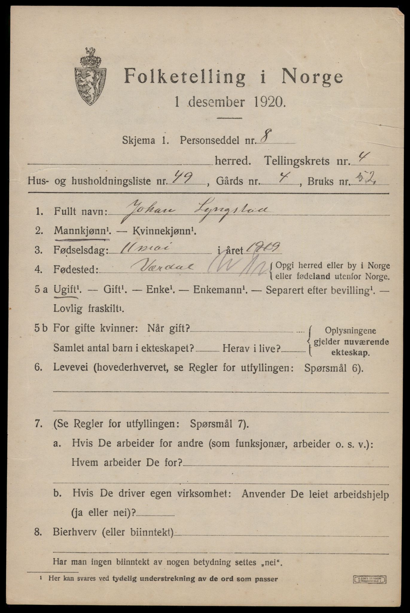 SAT, 1920 census for Egge, 1920, p. 3056