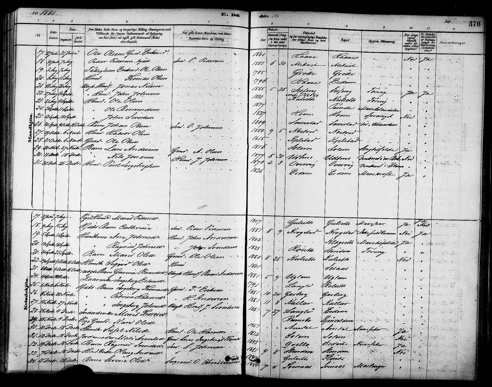 Ministerialprotokoller, klokkerbøker og fødselsregistre - Sør-Trøndelag, SAT/A-1456/695/L1148: Parish register (official) no. 695A08, 1878-1891, p. 376