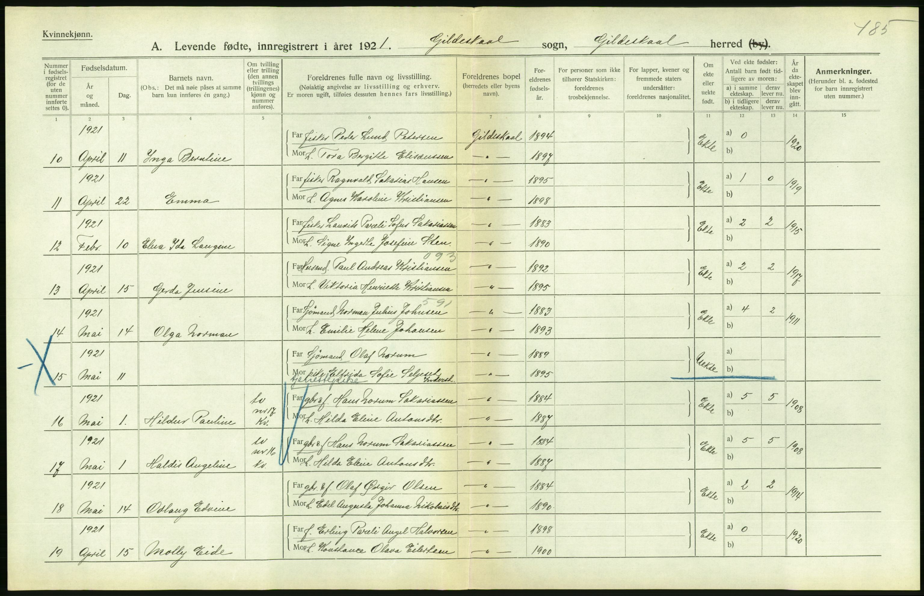 Statistisk sentralbyrå, Sosiodemografiske emner, Befolkning, AV/RA-S-2228/D/Df/Dfc/Dfca/L0049: Nordland fylke: Levendefødte menn og kvinner. Bygder., 1921, p. 160