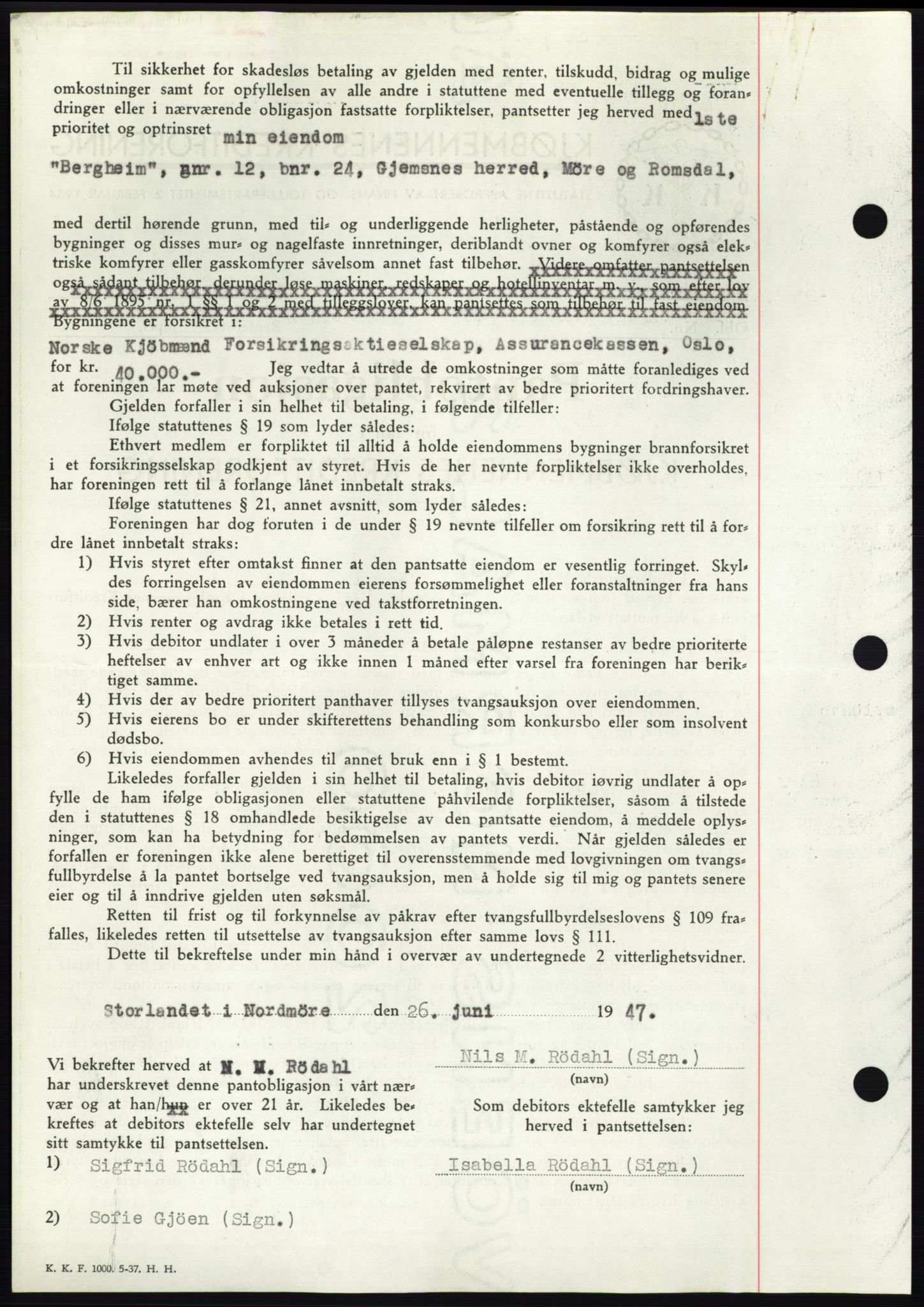 Nordmøre sorenskriveri, AV/SAT-A-4132/1/2/2Ca: Mortgage book no. B96, 1947-1947, Diary no: : 1491/1947