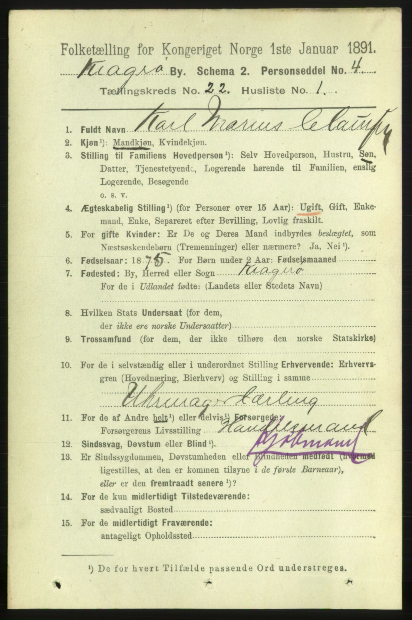 RA, 1891 census for 0801 Kragerø, 1891, p. 4761