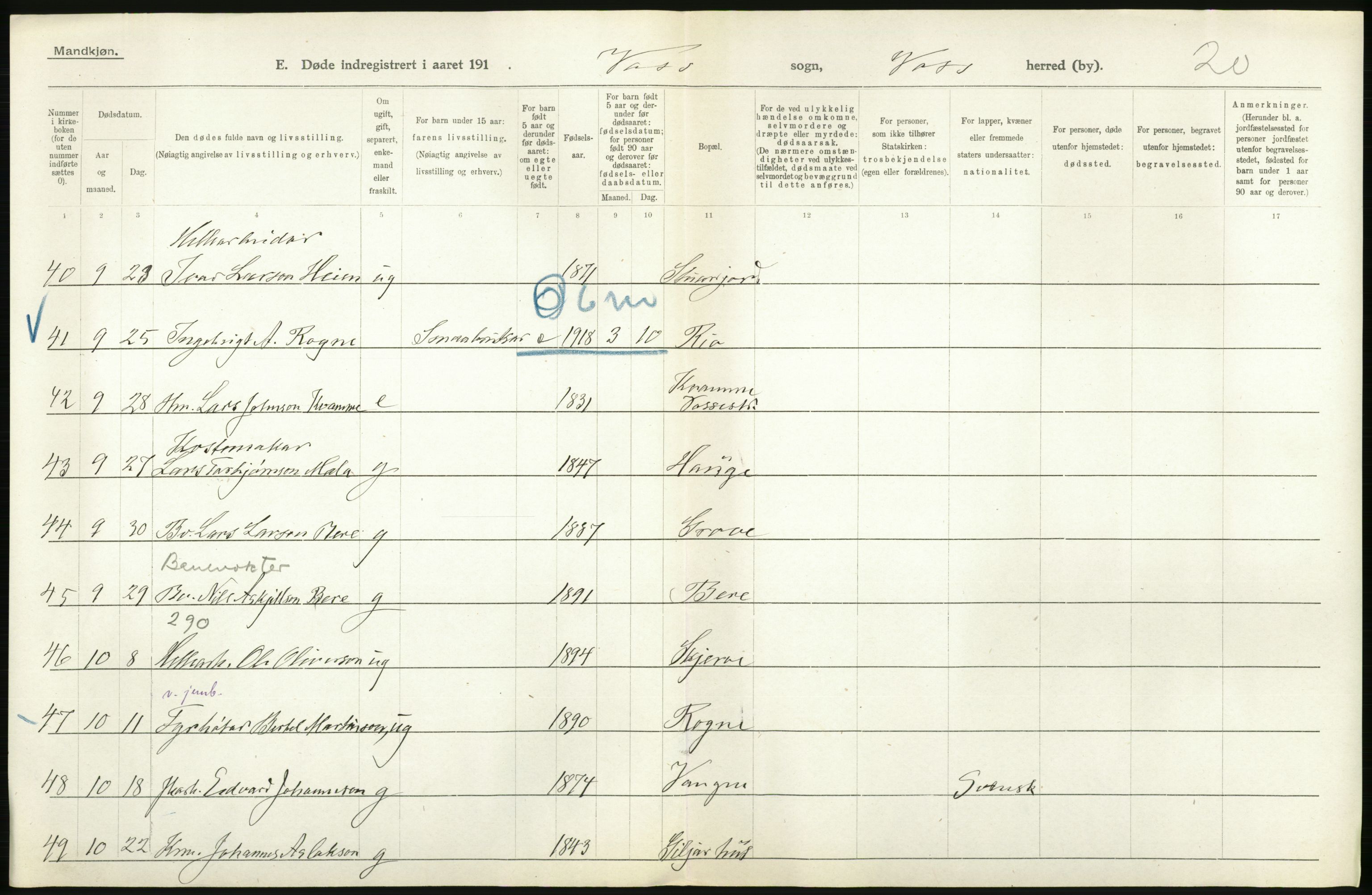 Statistisk sentralbyrå, Sosiodemografiske emner, Befolkning, AV/RA-S-2228/D/Df/Dfb/Dfbh/L0036: Hordaland fylke: Døde., 1918, p. 114