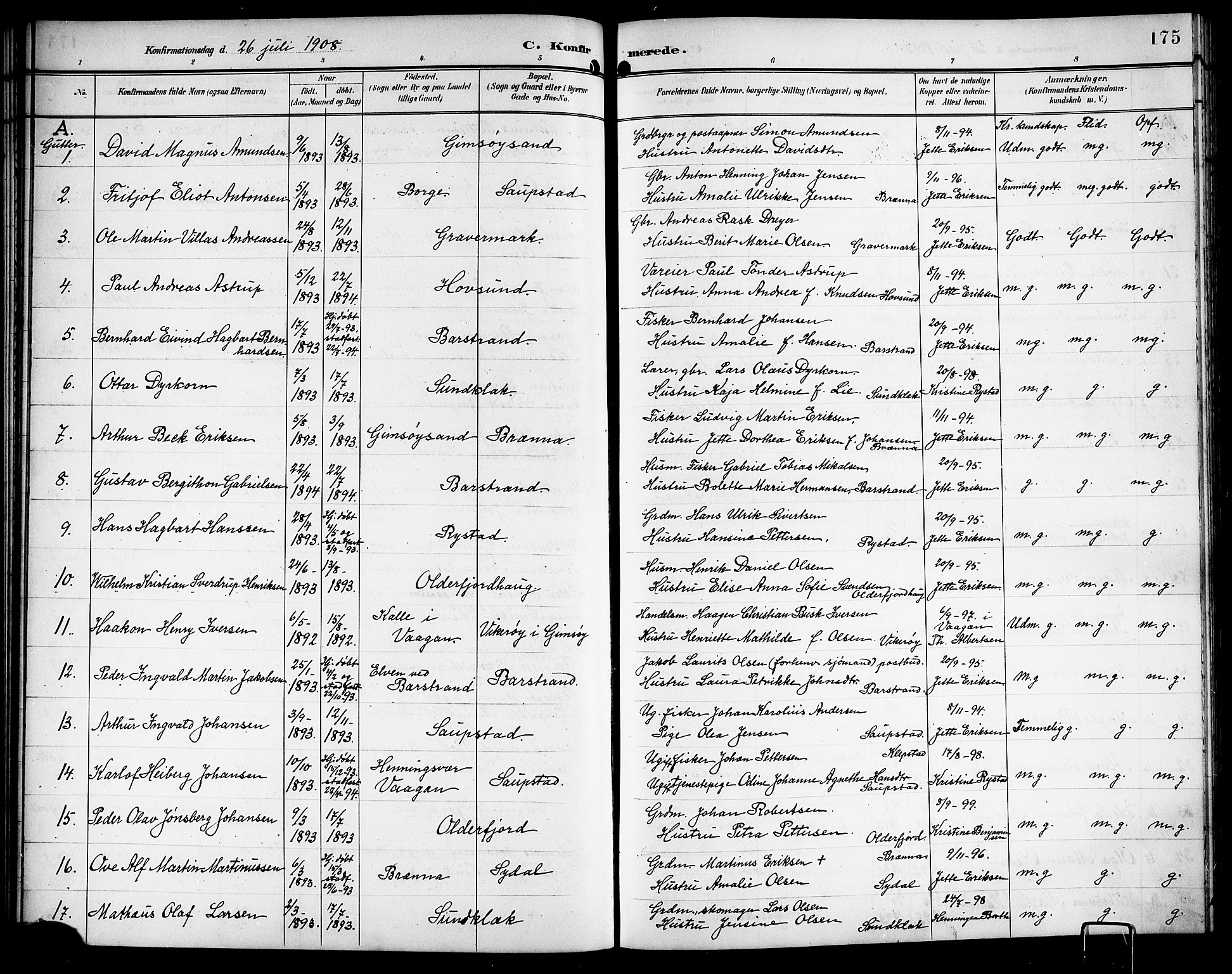 Ministerialprotokoller, klokkerbøker og fødselsregistre - Nordland, AV/SAT-A-1459/876/L1105: Parish register (copy) no. 876C04, 1896-1914, p. 175