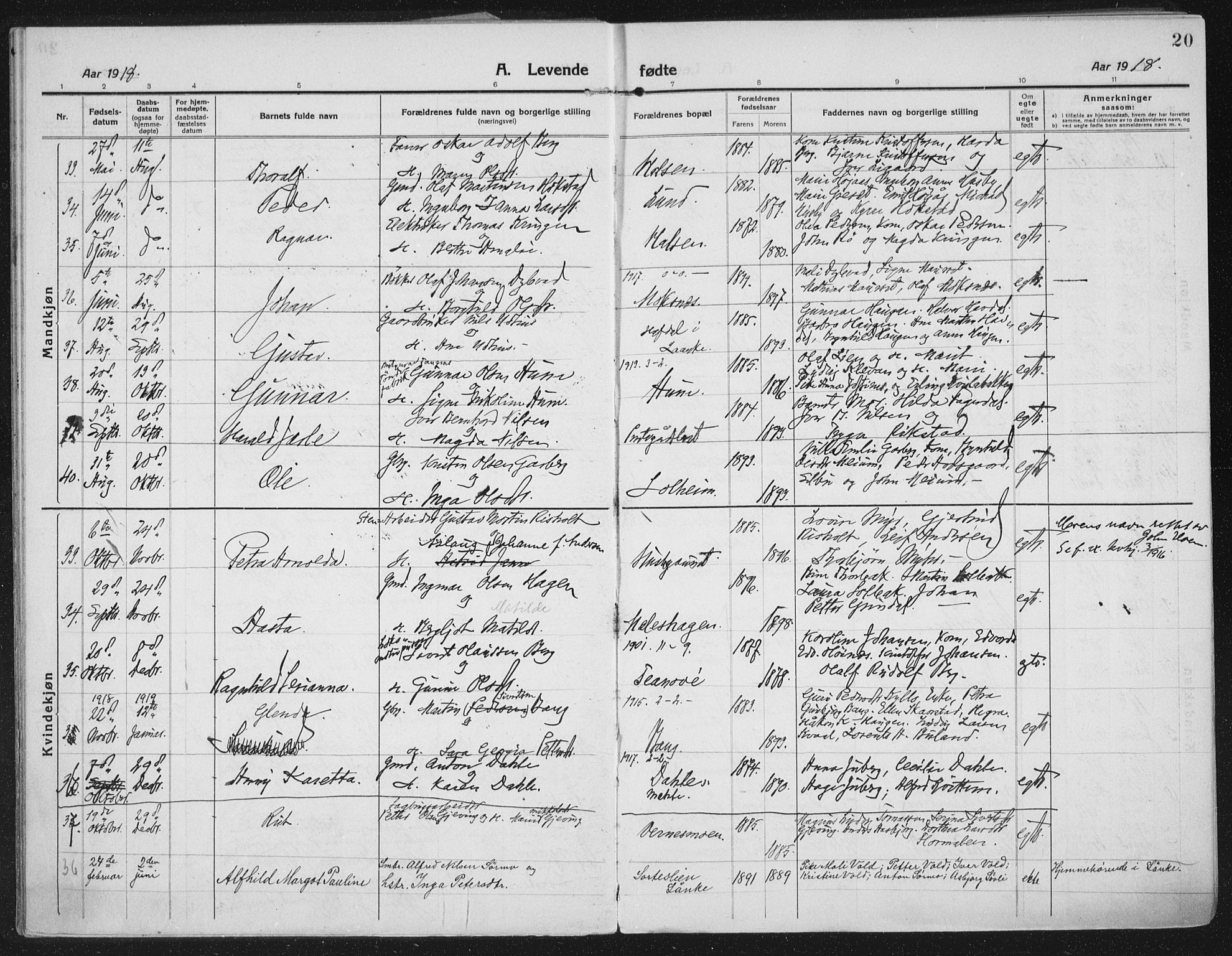 Ministerialprotokoller, klokkerbøker og fødselsregistre - Nord-Trøndelag, SAT/A-1458/709/L0083: Parish register (official) no. 709A23, 1916-1928, p. 20