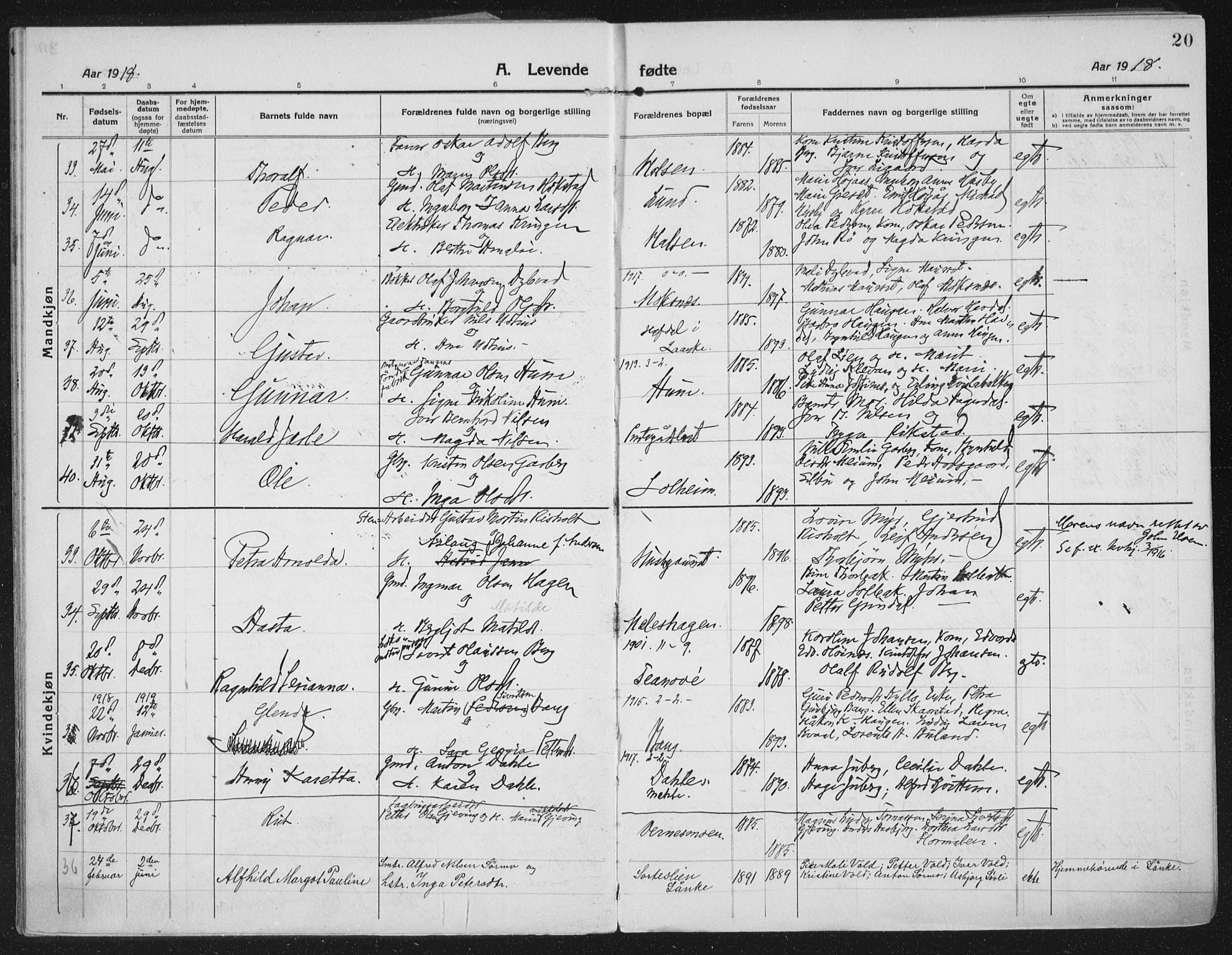 Ministerialprotokoller, klokkerbøker og fødselsregistre - Nord-Trøndelag, AV/SAT-A-1458/709/L0083: Parish register (official) no. 709A23, 1916-1928, p. 20
