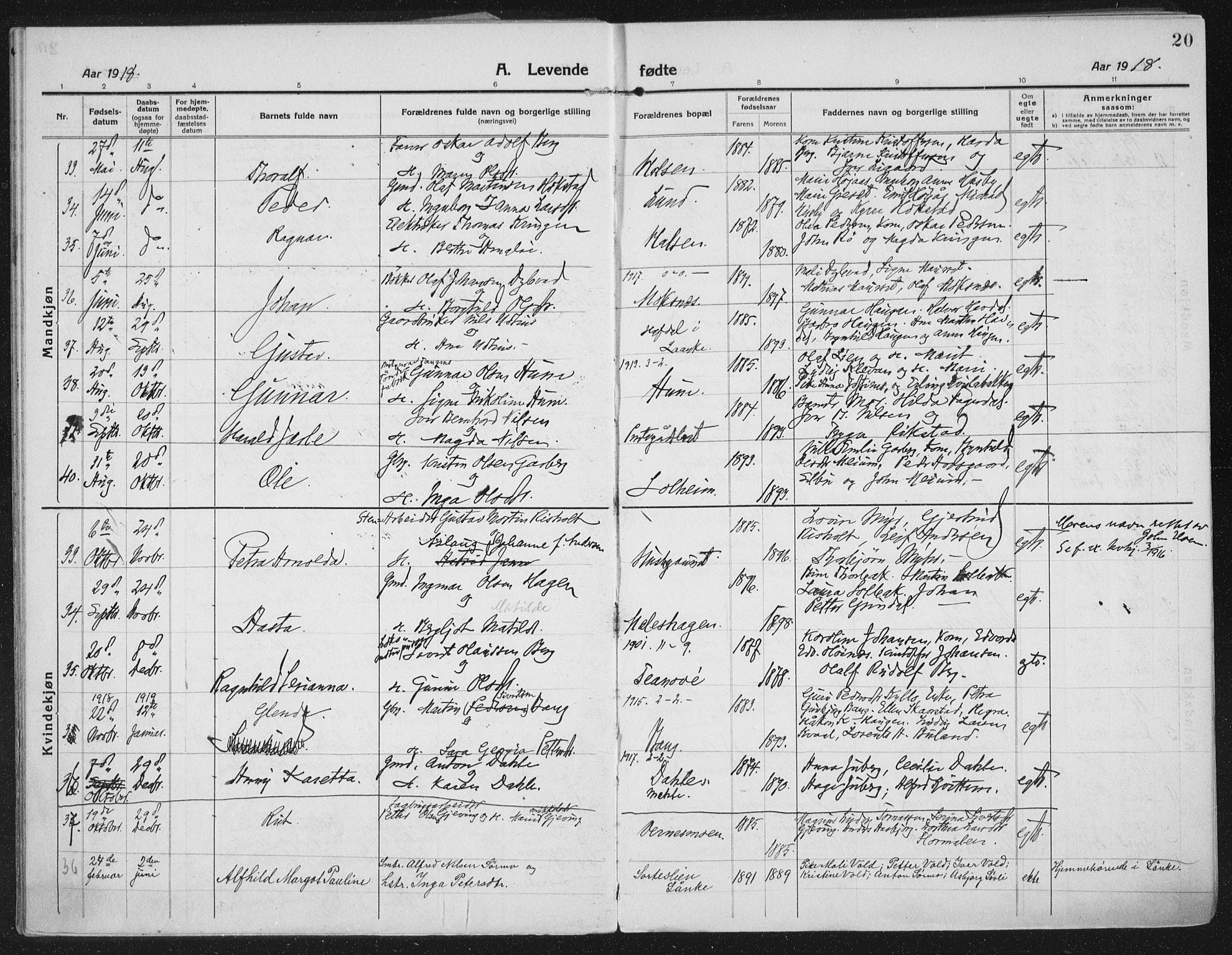 Ministerialprotokoller, klokkerbøker og fødselsregistre - Nord-Trøndelag, AV/SAT-A-1458/709/L0083: Parish register (official) no. 709A23, 1916-1928, p. 20