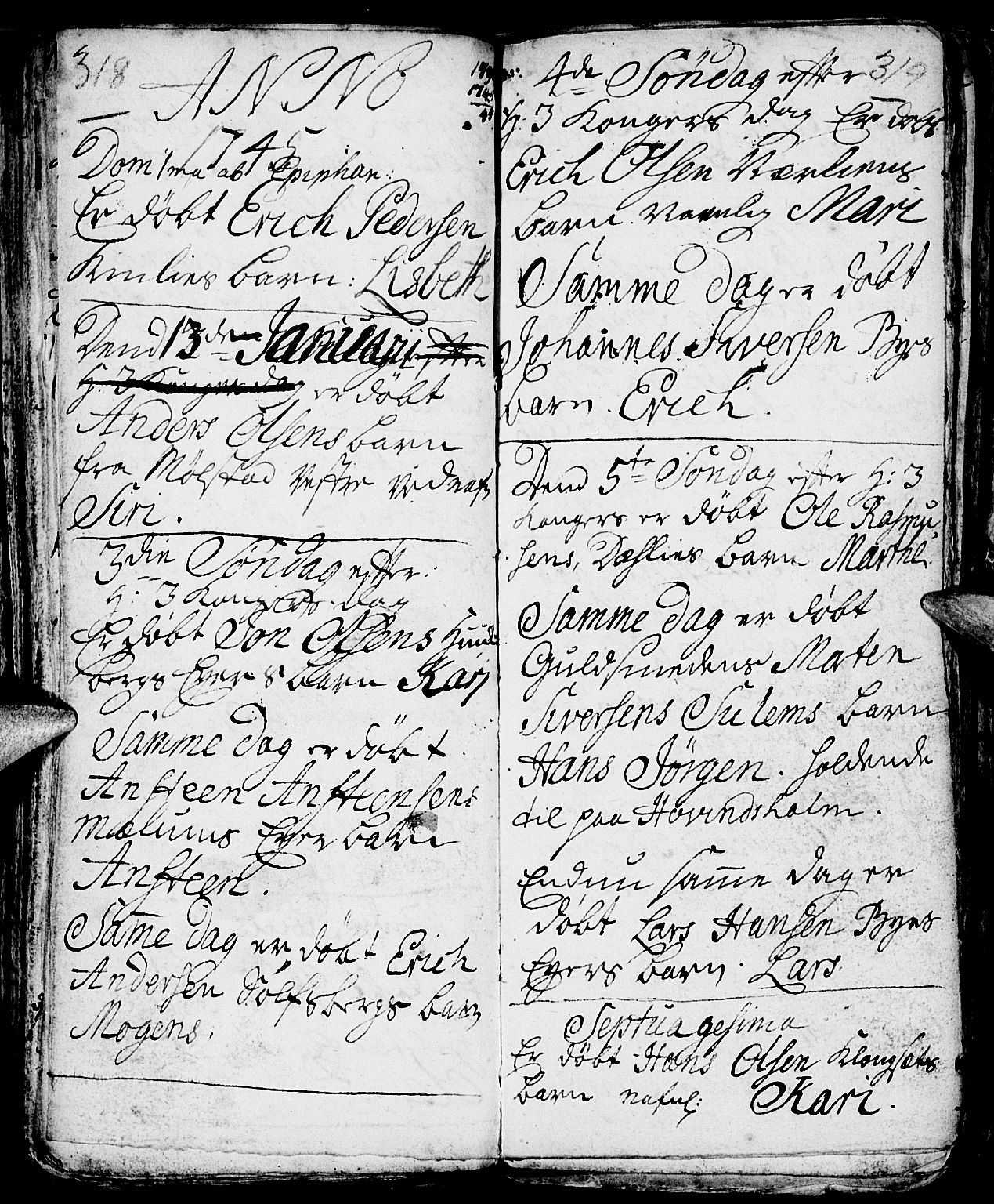 Nes prestekontor, Hedmark, AV/SAH-PREST-020/L/La/L0001: Parish register (copy) no. 1, 1663-1784, p. 318-319