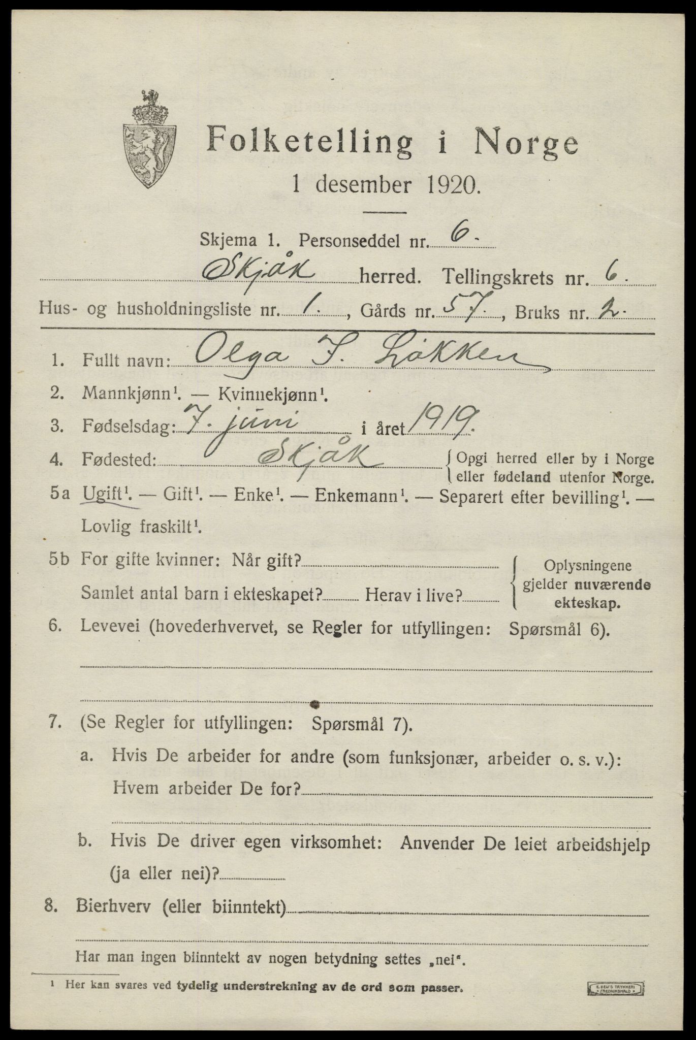 SAH, 1920 census for Skjåk, 1920, p. 3004