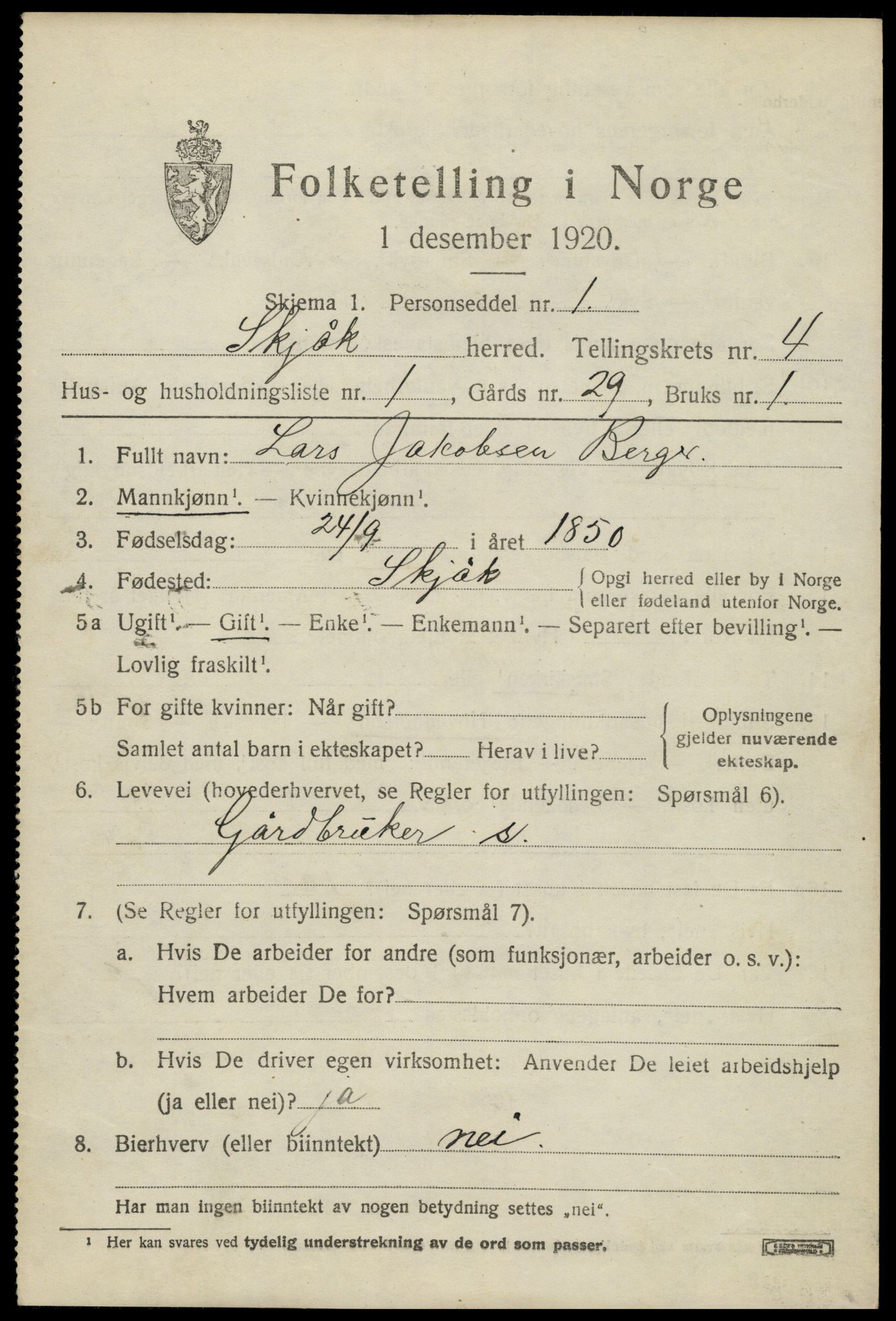 SAH, 1920 census for Skjåk, 1920, p. 2098