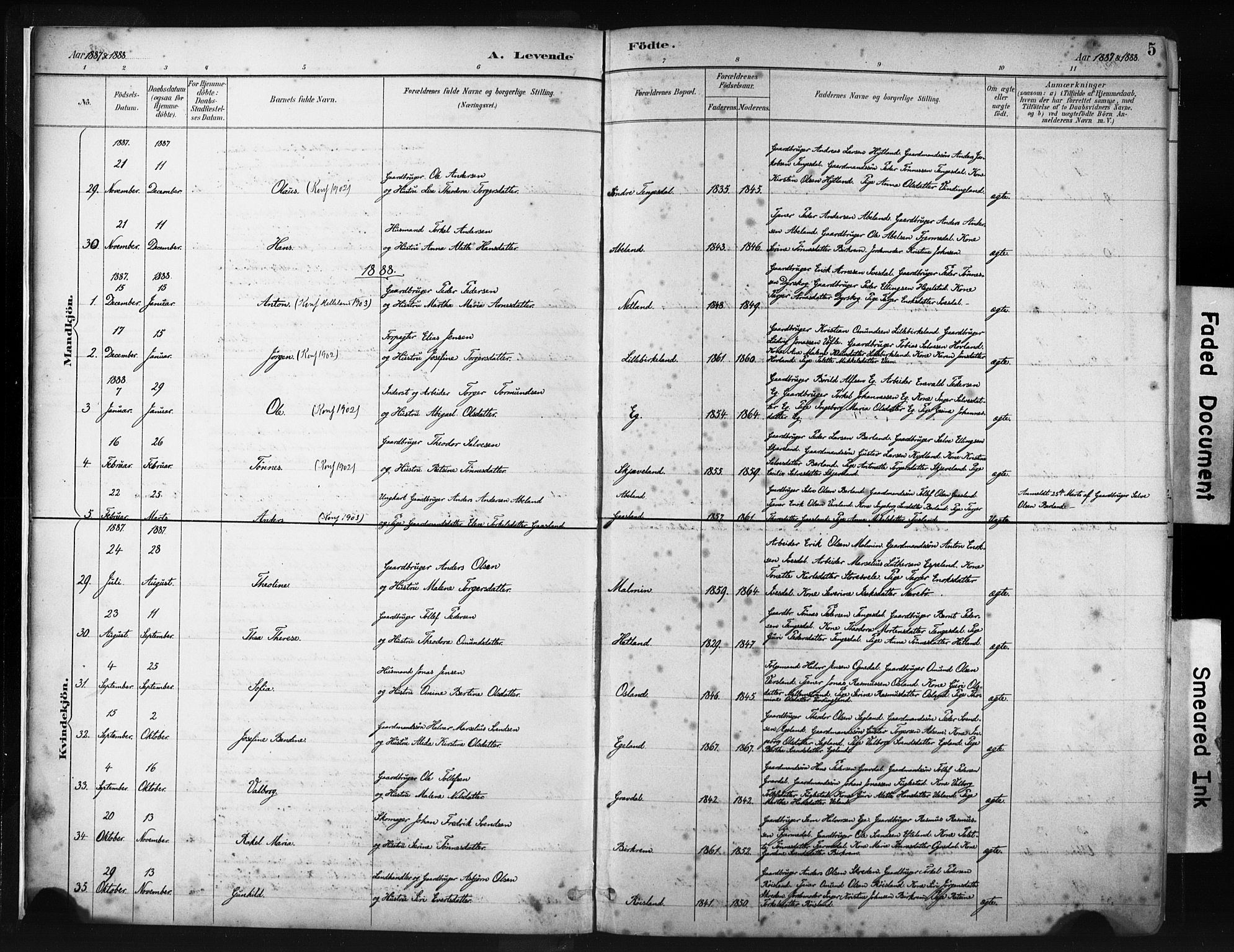 Helleland sokneprestkontor, AV/SAST-A-101810: Parish register (official) no. A 9, 1887-1908, p. 5