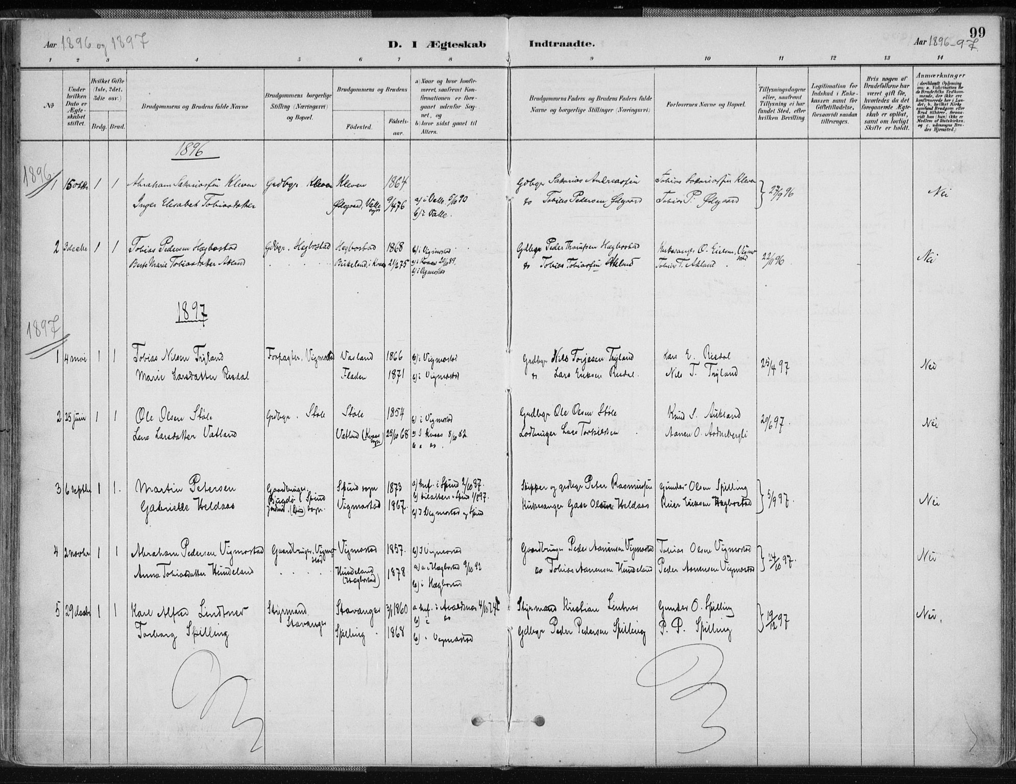 Nord-Audnedal sokneprestkontor, AV/SAK-1111-0032/F/Fa/Fab/L0003: Parish register (official) no. A 3, 1882-1900, p. 99