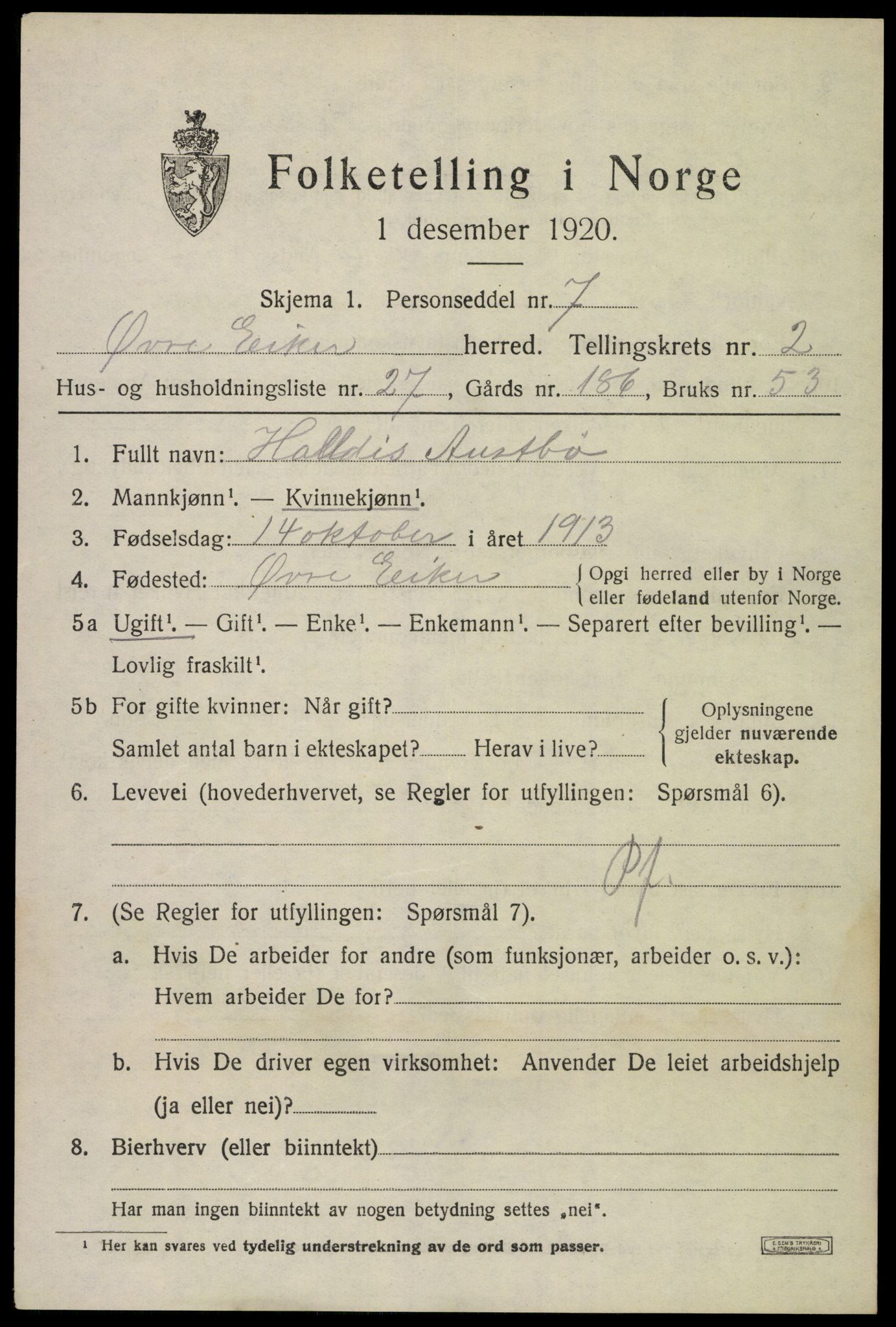 SAKO, 1920 census for Øvre Eiker, 1920, p. 6944
