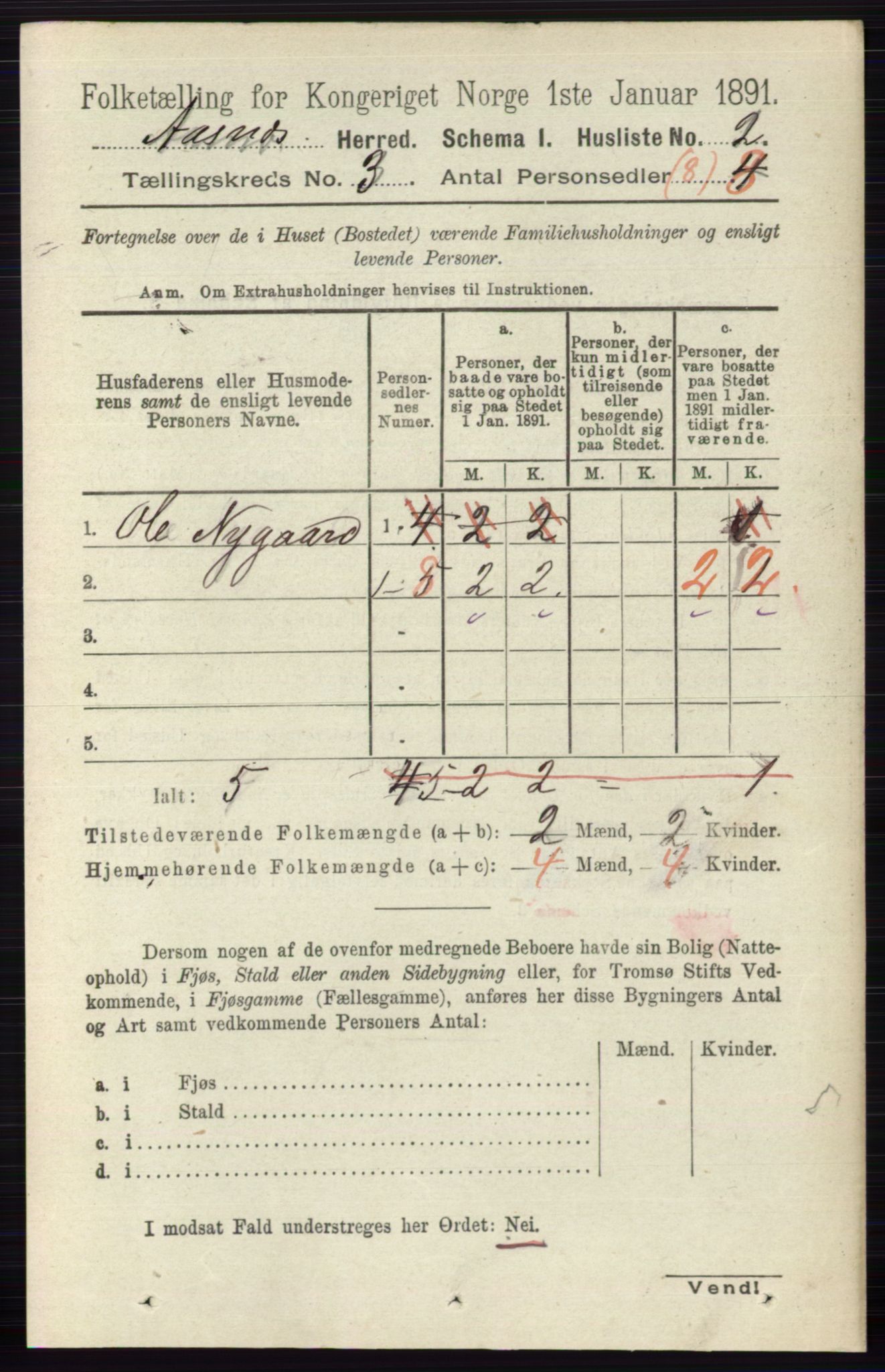 RA, 1891 census for 0425 Åsnes, 1891, p. 954
