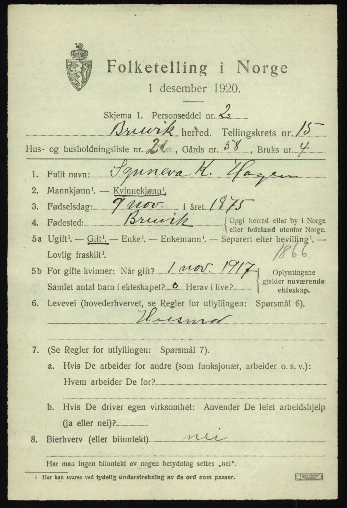 SAB, 1920 census for Bruvik, 1920, p. 9528