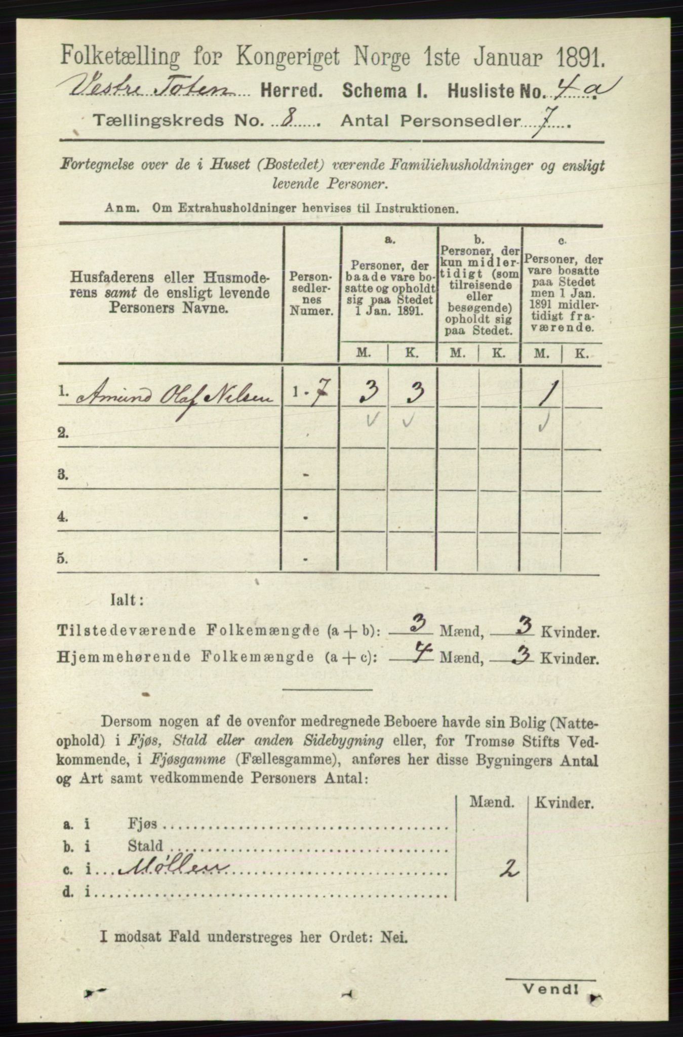 RA, 1891 census for 0529 Vestre Toten, 1891, p. 4917