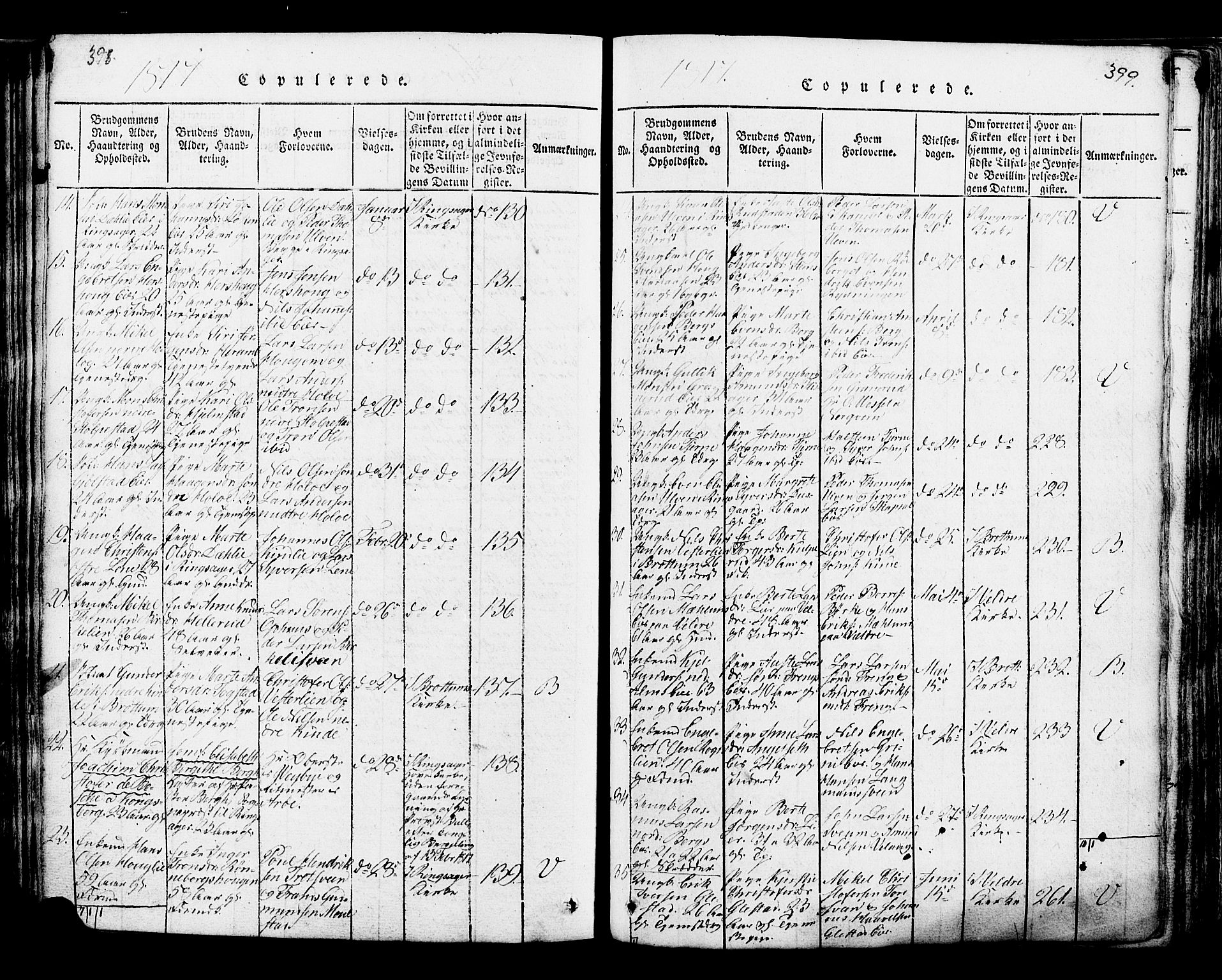 Ringsaker prestekontor, AV/SAH-PREST-014/K/Ka/L0005: Parish register (official) no. 5, 1814-1826, p. 398-399