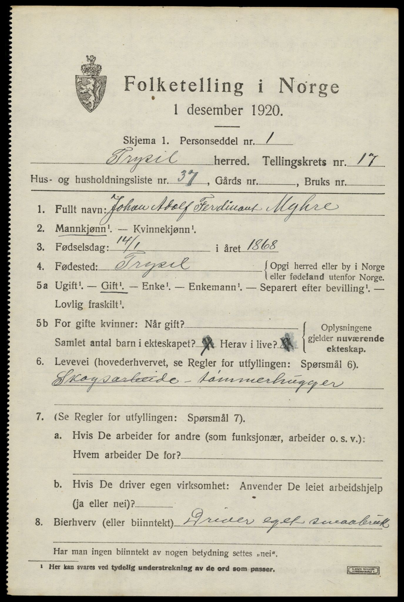 SAH, 1920 census for Trysil, 1920, p. 10623