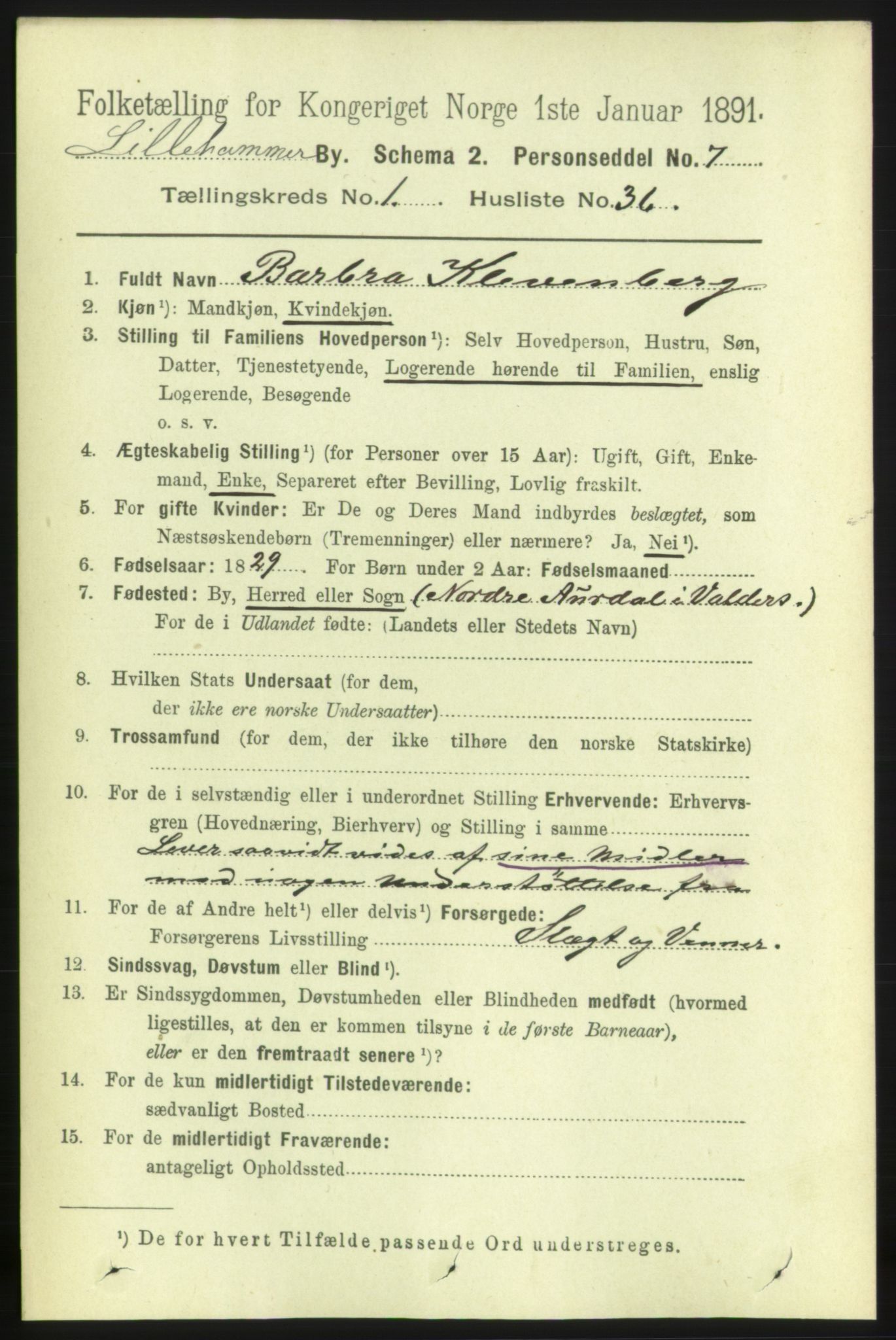 RA, 1891 census for 0501 Lillehammer, 1891, p. 908