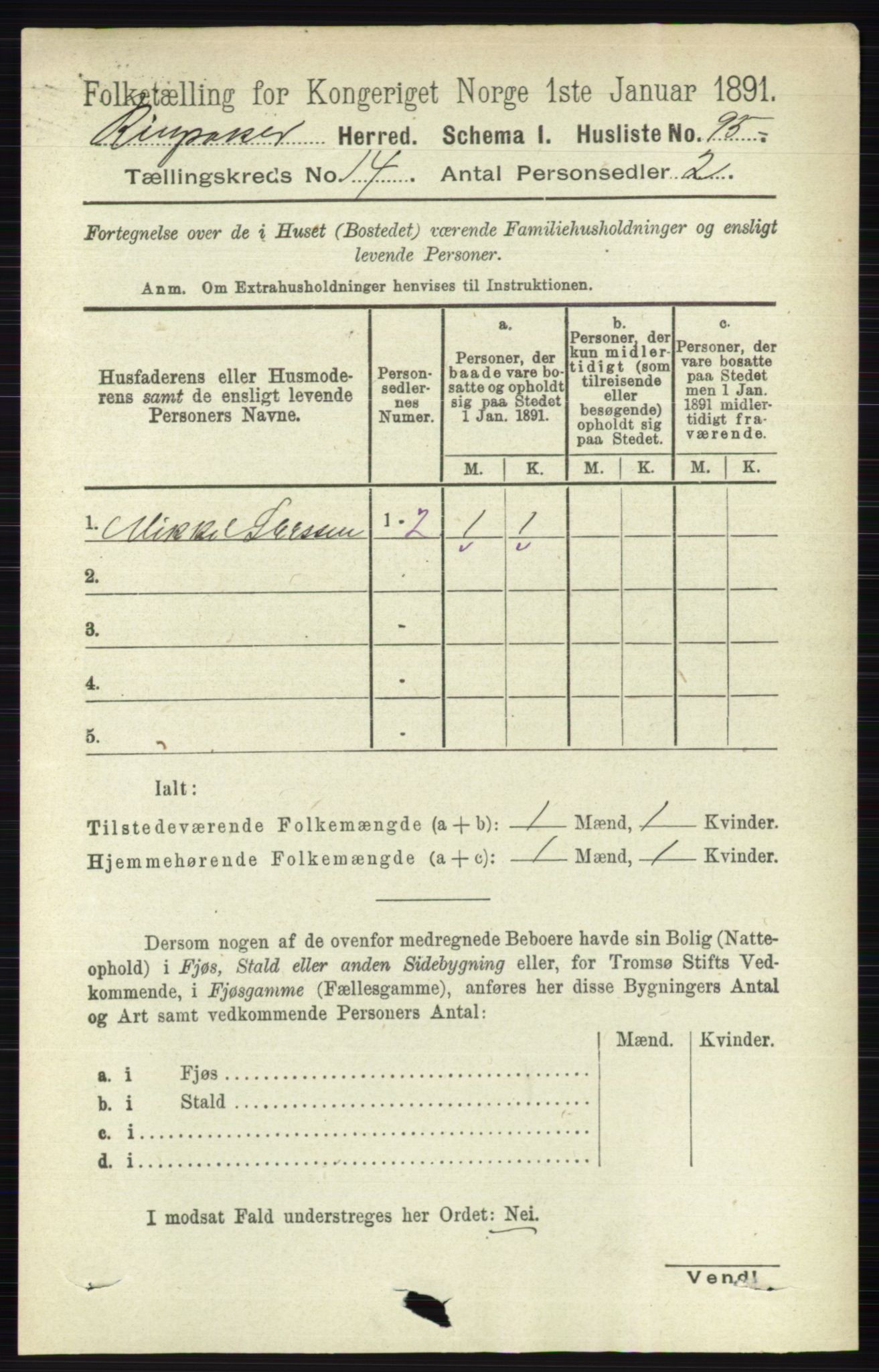 RA, 1891 census for 0412 Ringsaker, 1891, p. 7864