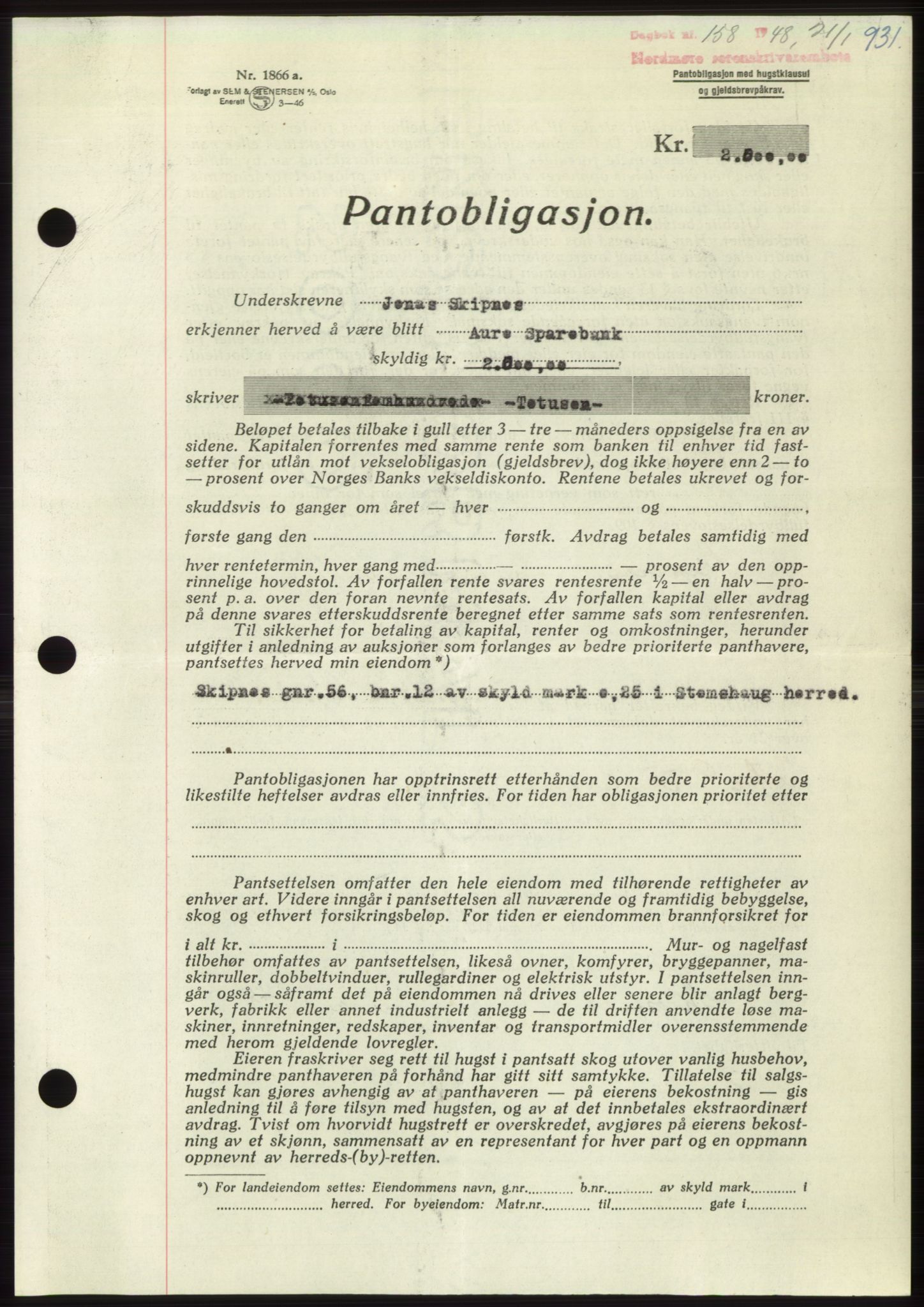 Nordmøre sorenskriveri, AV/SAT-A-4132/1/2/2Ca: Mortgage book no. B97, 1947-1948, Diary no: : 158/1948