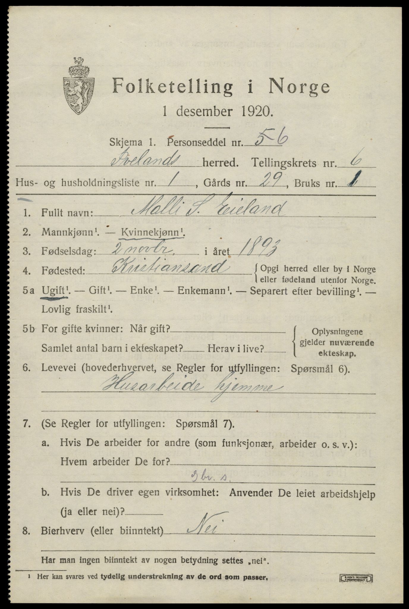SAK, 1920 census for Iveland, 1920, p. 1937