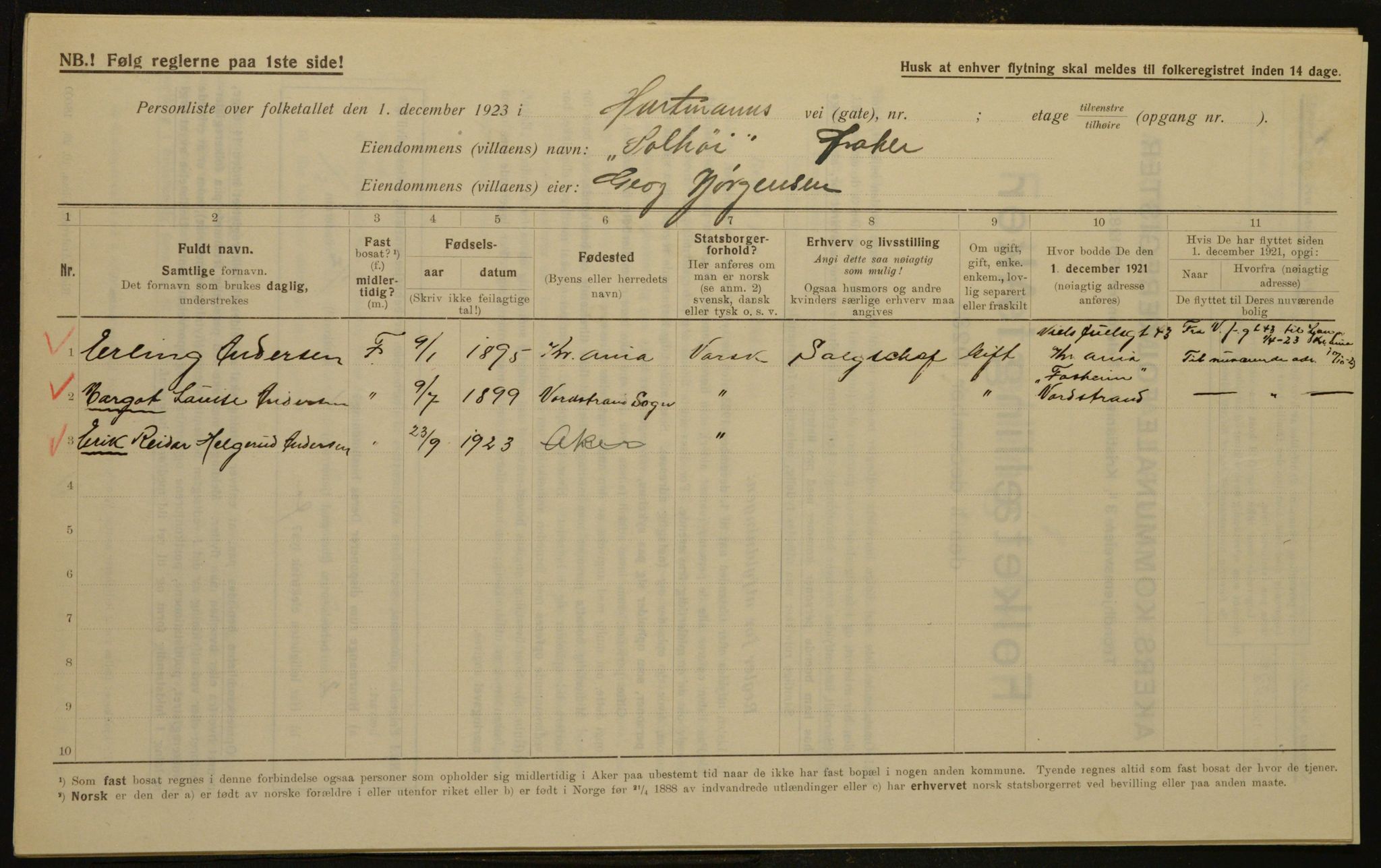 , Municipal Census 1923 for Aker, 1923, p. 2262