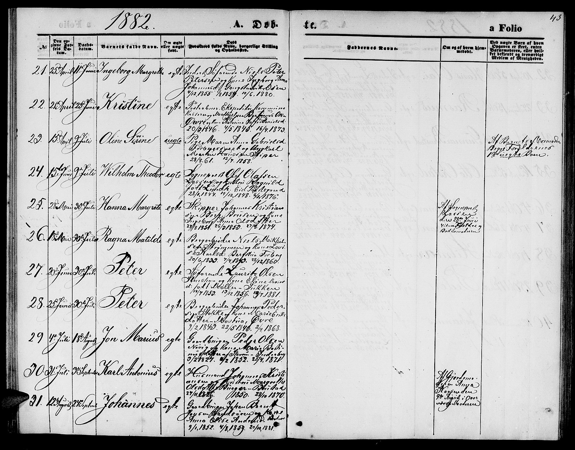 Ministerialprotokoller, klokkerbøker og fødselsregistre - Nord-Trøndelag, AV/SAT-A-1458/722/L0225: Parish register (copy) no. 722C01, 1871-1888, p. 43