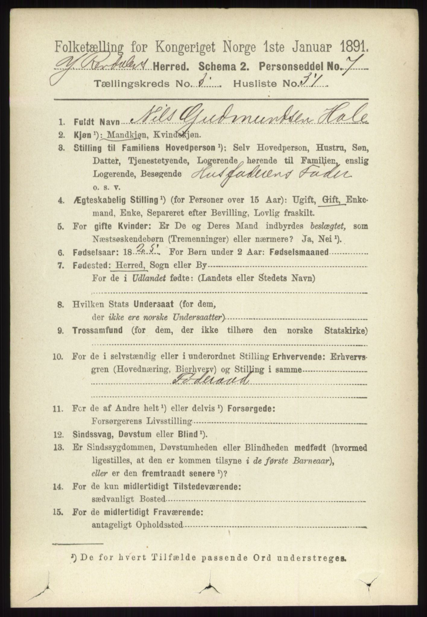 RA, 1891 census for 0432 Ytre Rendal, 1891, p. 1619