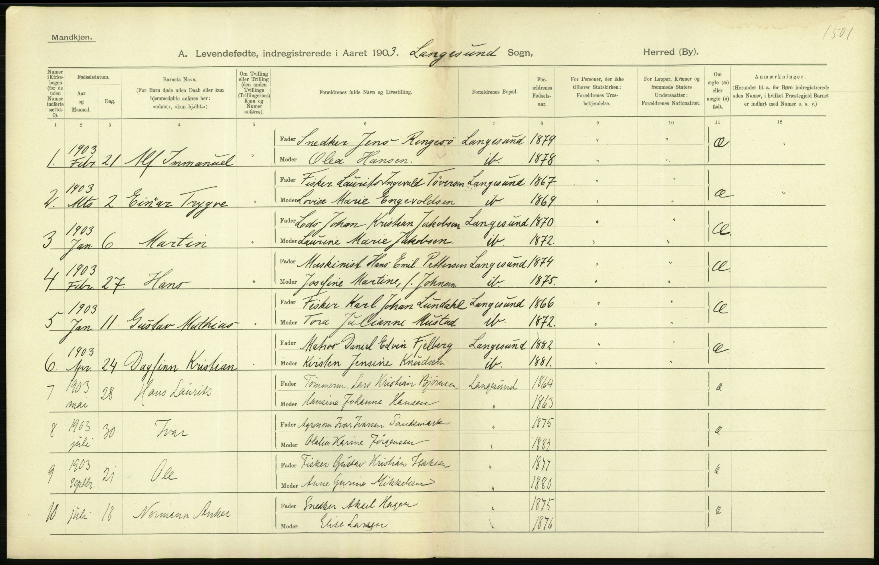 Statistisk sentralbyrå, Sosiodemografiske emner, Befolkning, AV/RA-S-2228/D/Df/Dfa/Dfaa/L0009: Bratsberg amt: Fødte, gifte, døde, 1903, p. 276