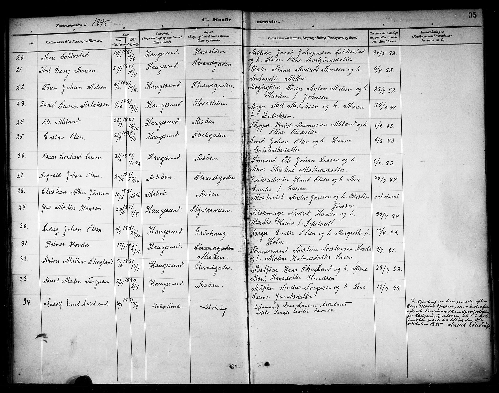 Haugesund sokneprestkontor, SAST/A -101863/H/Ha/Haa/L0005: Parish register (official) no. A 5, 1891-1903, p. 35