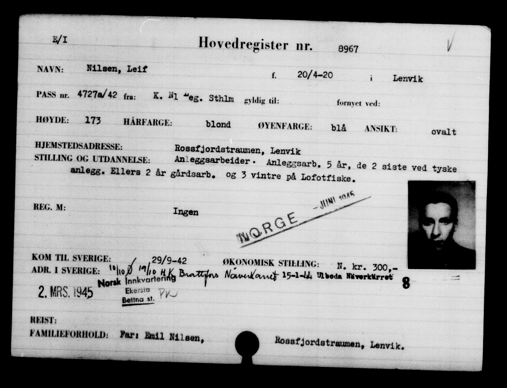 Utenriksstasjonene, Legasjonen i Stockholm, Flyktningkontoret, AV/RA-S-6753/V/Va/L0005: Kjesäterkartoteket, flyktninger med registreringsnr. 6600-9417, 1940-1945, p. 2783