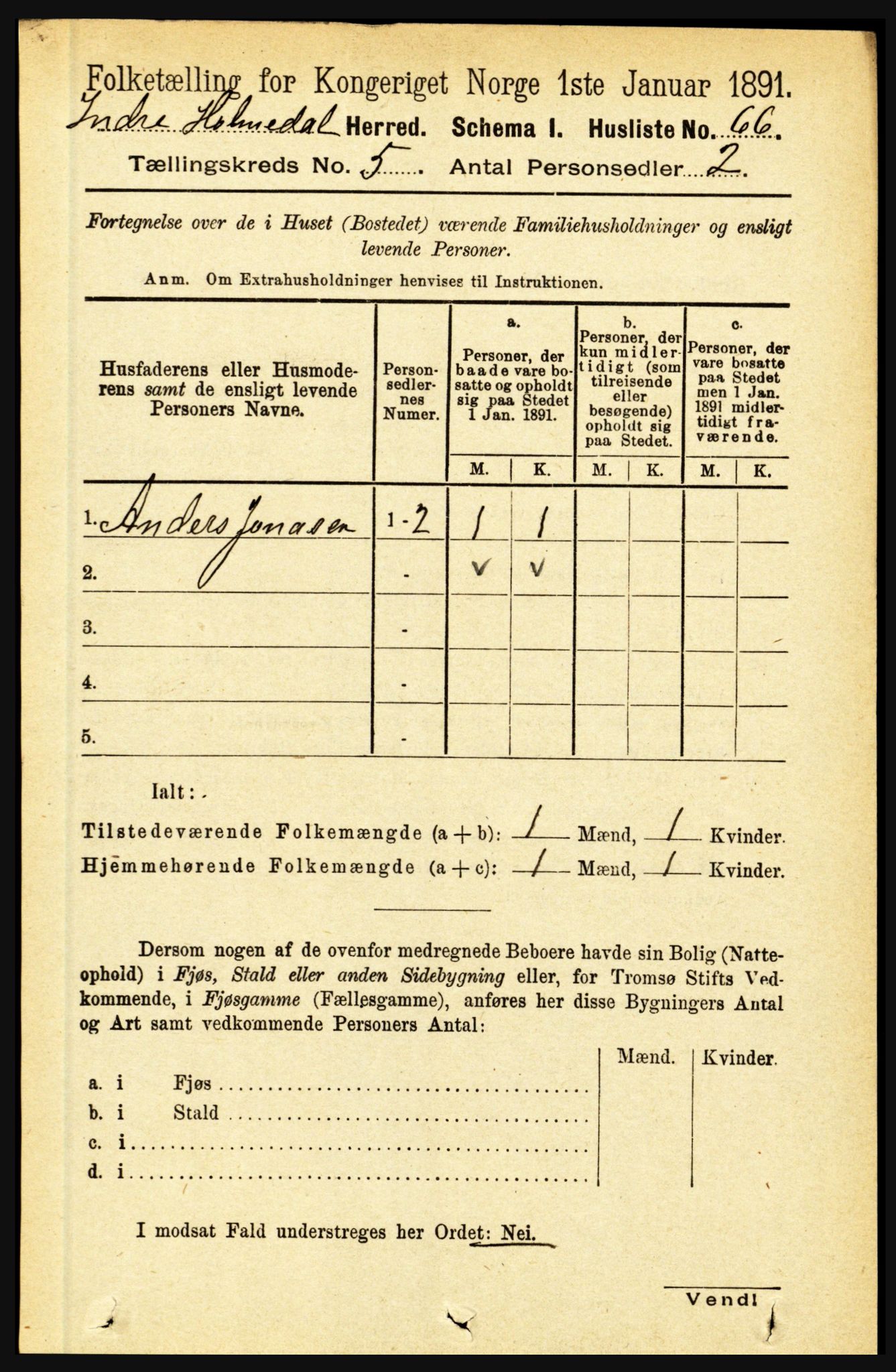 RA, 1891 census for 1430 Indre Holmedal, 1891, p. 1890