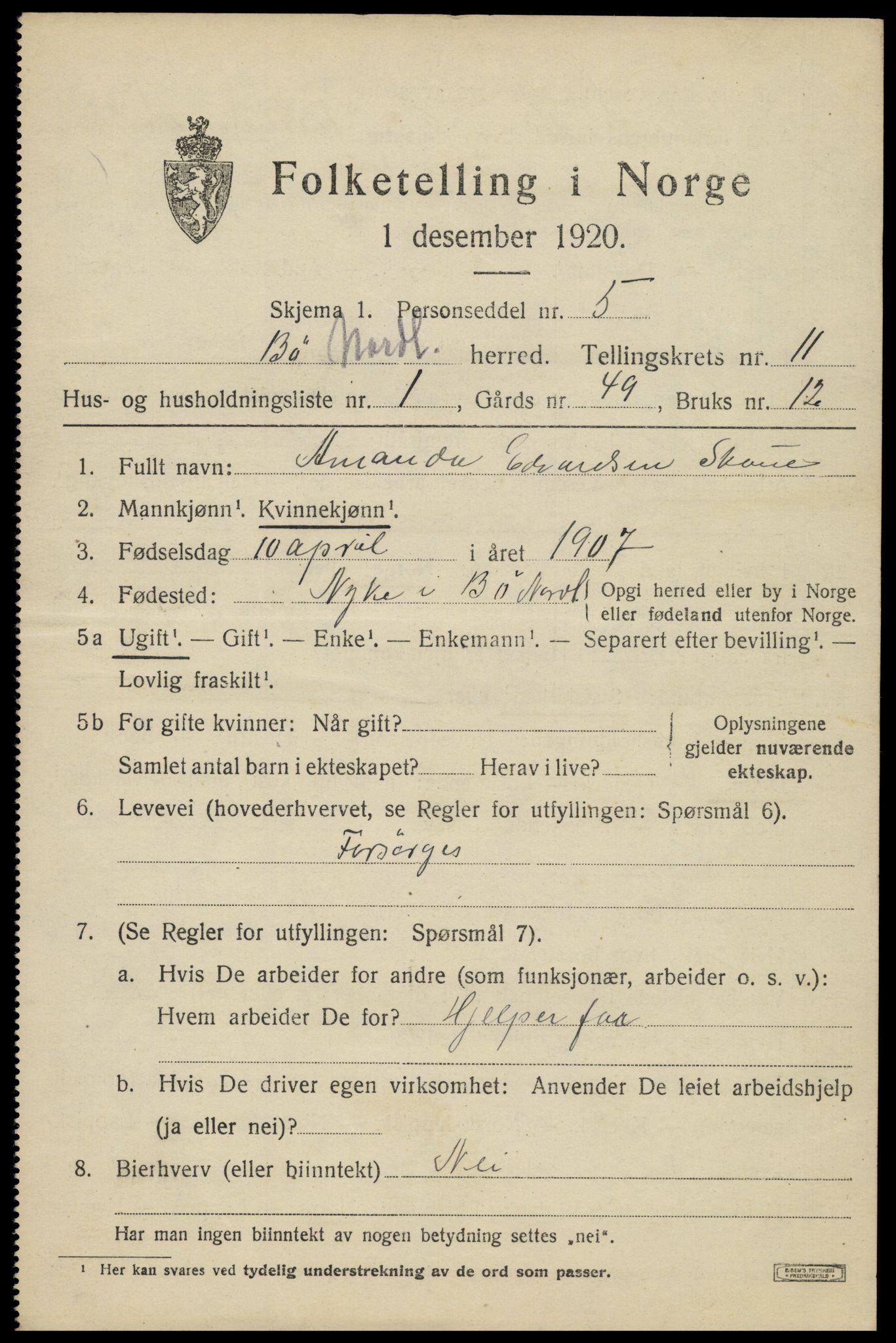 SAT, 1920 census for Bø, 1920, p. 9992