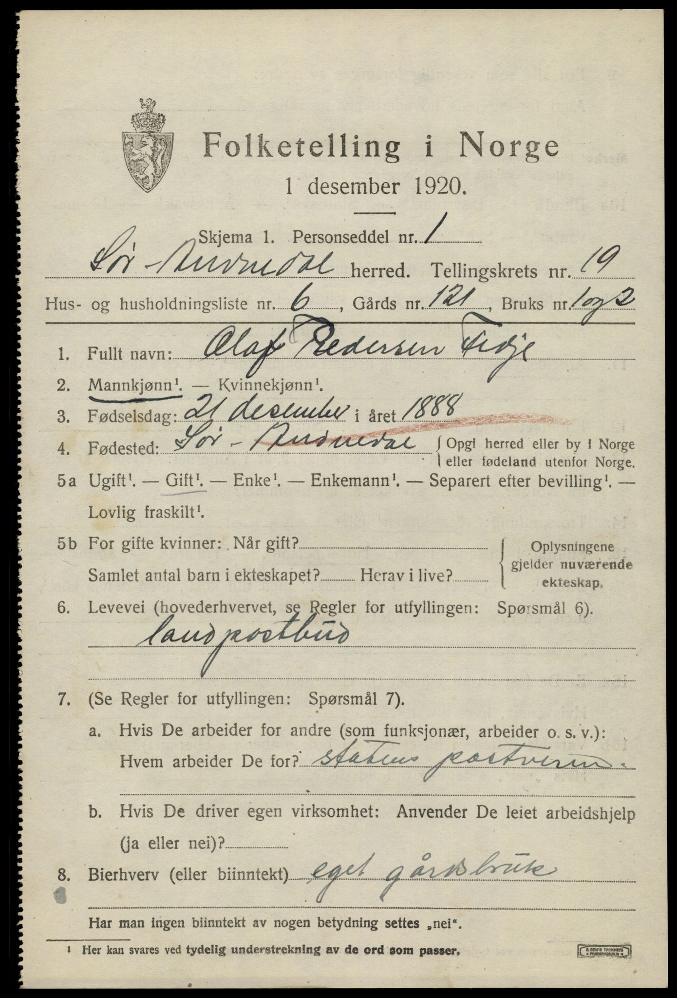 SAK, 1920 census for Sør-Audnedal, 1920, p. 6637