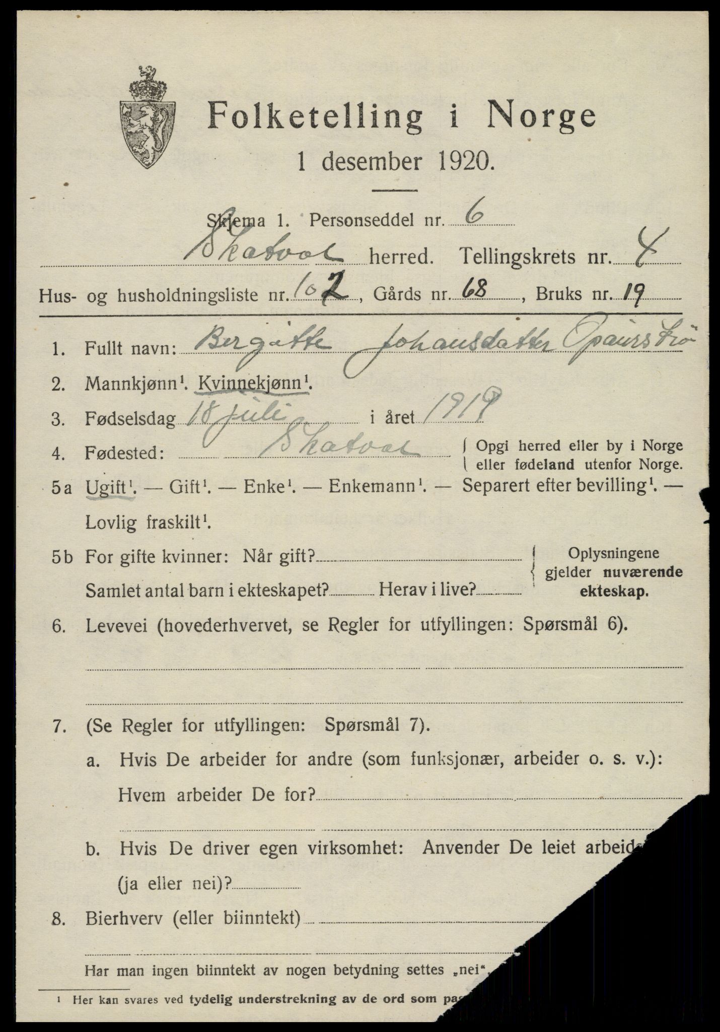 SAT, 1920 census for Skatval, 1920, p. 3503