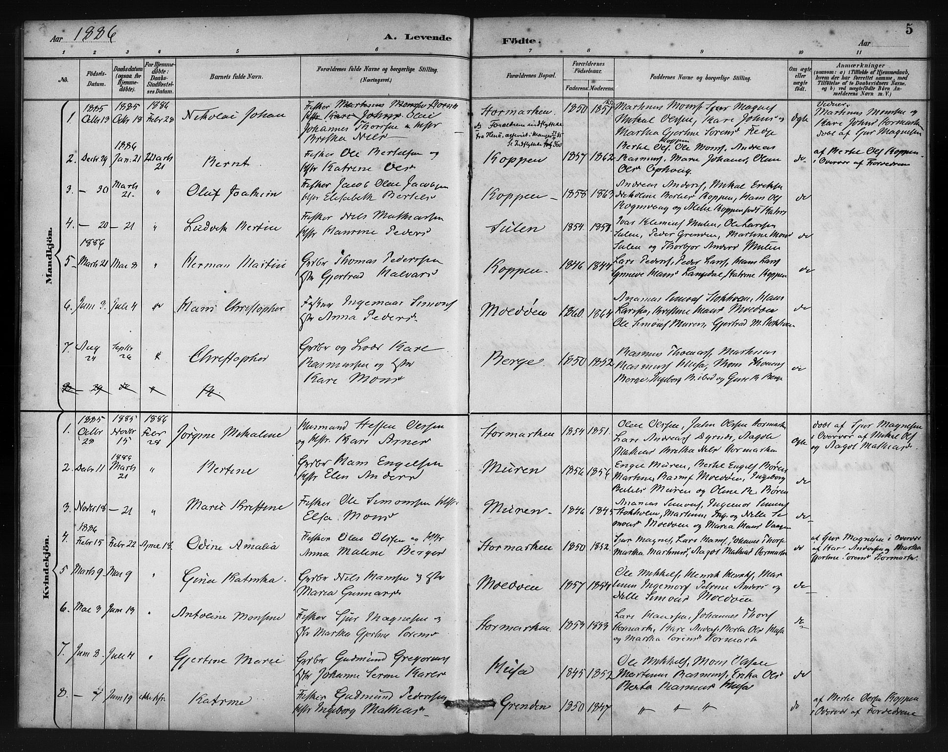 Lindås Sokneprestembete, SAB/A-76701/H/Haa: Parish register (official) no. D 1, 1886-1896, p. 5