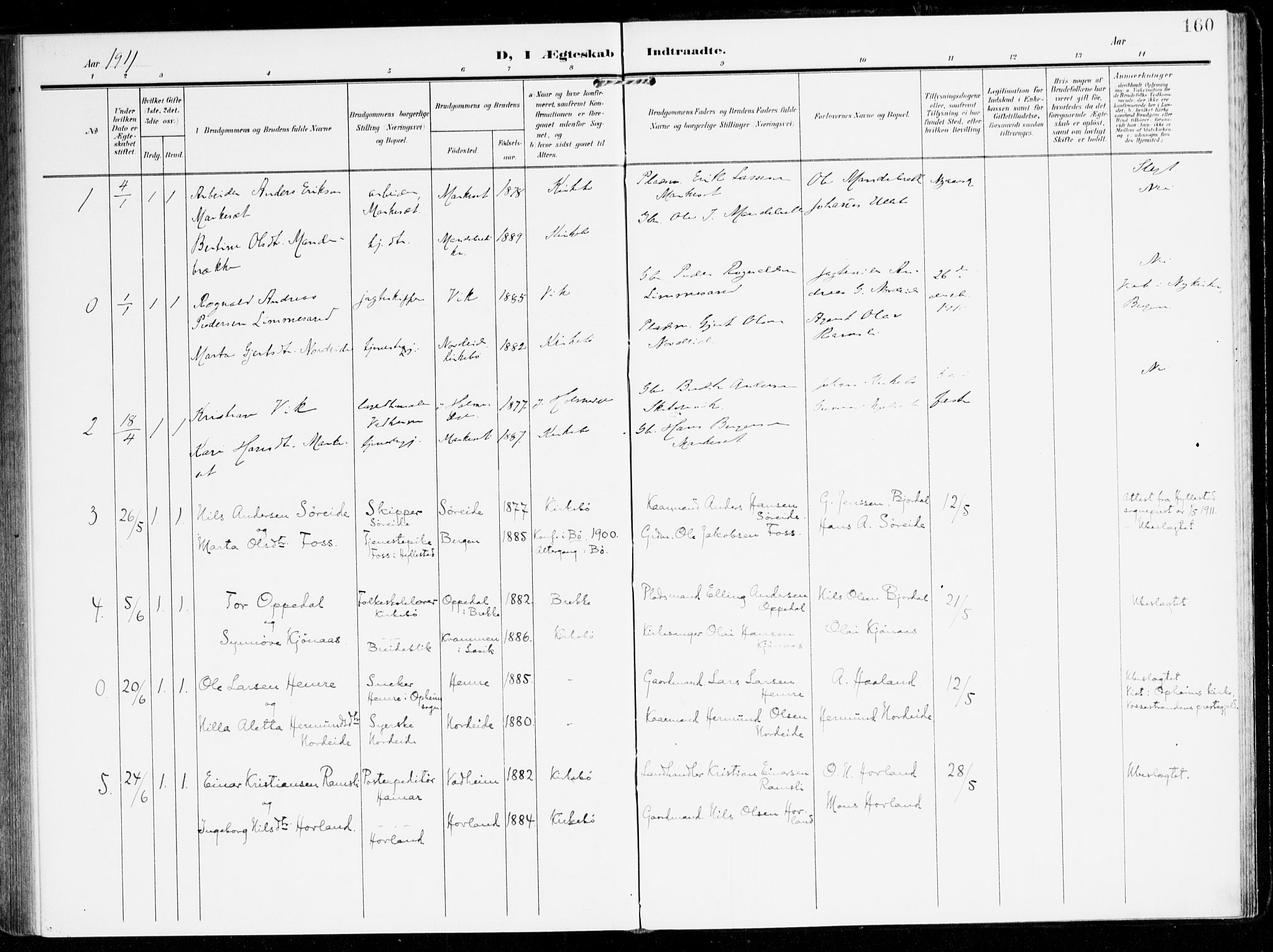 Lavik sokneprestembete, SAB/A-80901: Parish register (official) no. C 2, 1904-1921, p. 160