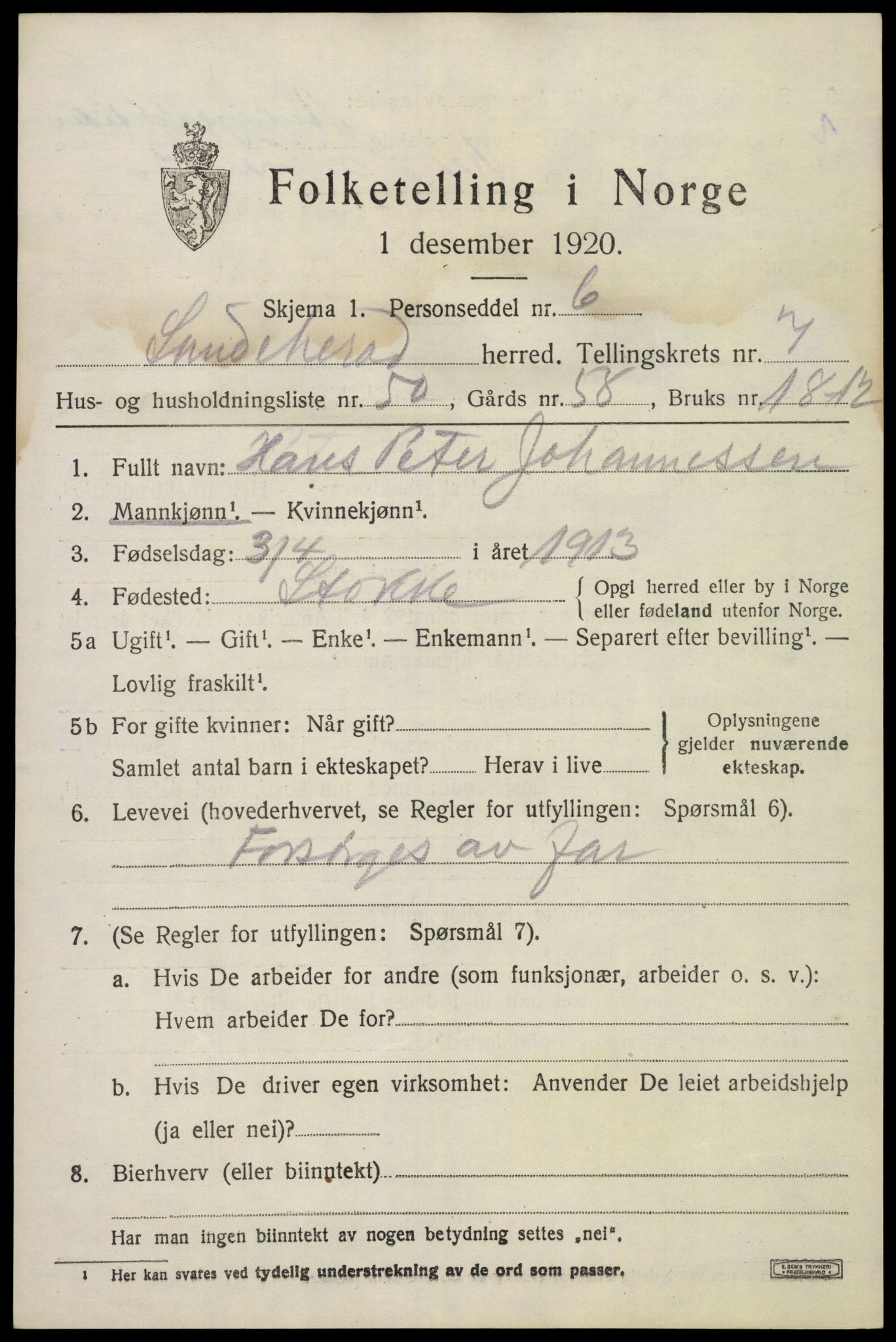 SAKO, 1920 census for Sandeherred, 1920, p. 12526