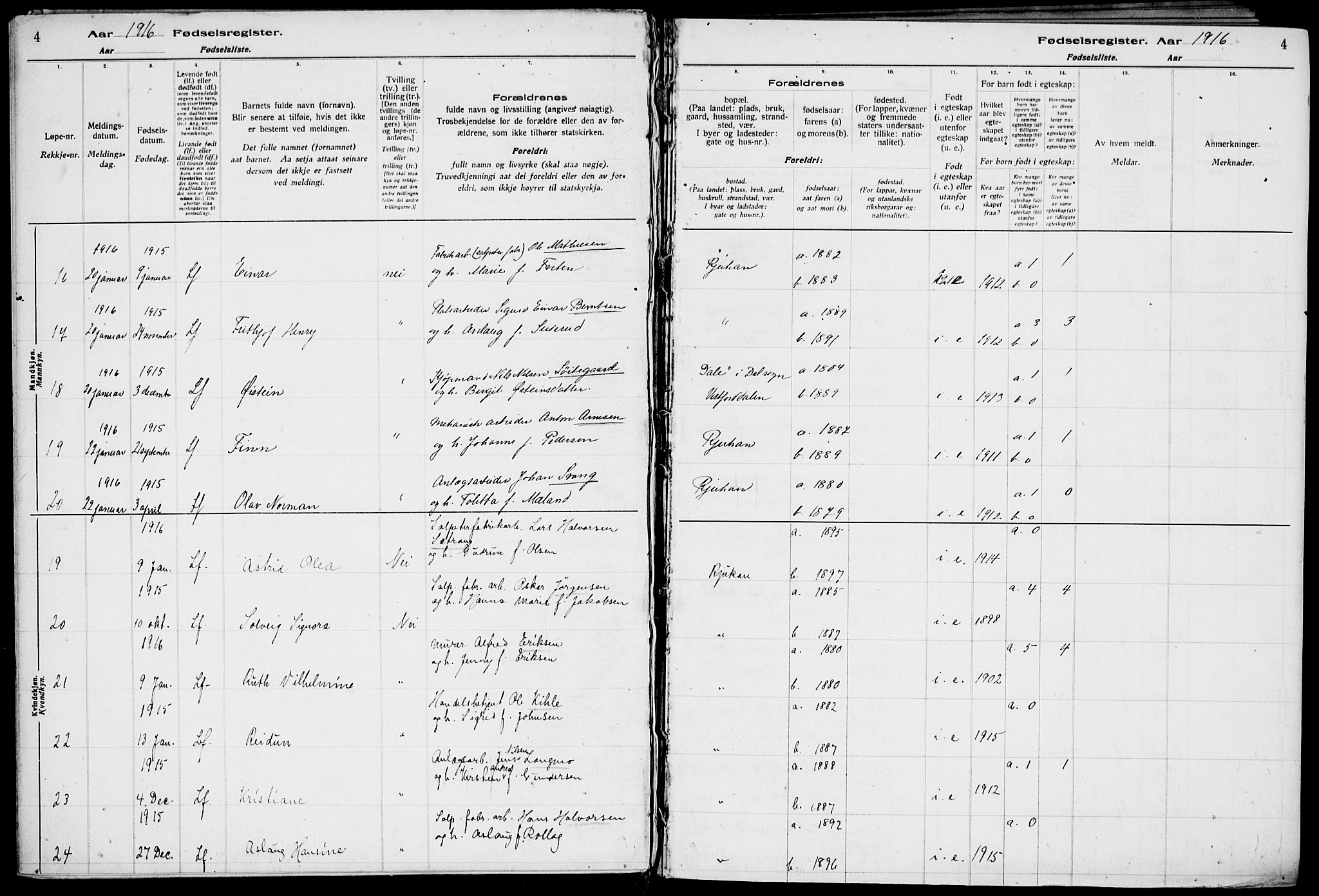 Rjukan kirkebøker, AV/SAKO-A-294/J/Ja/L0001: Birth register no. 1, 1916-1922, p. 4