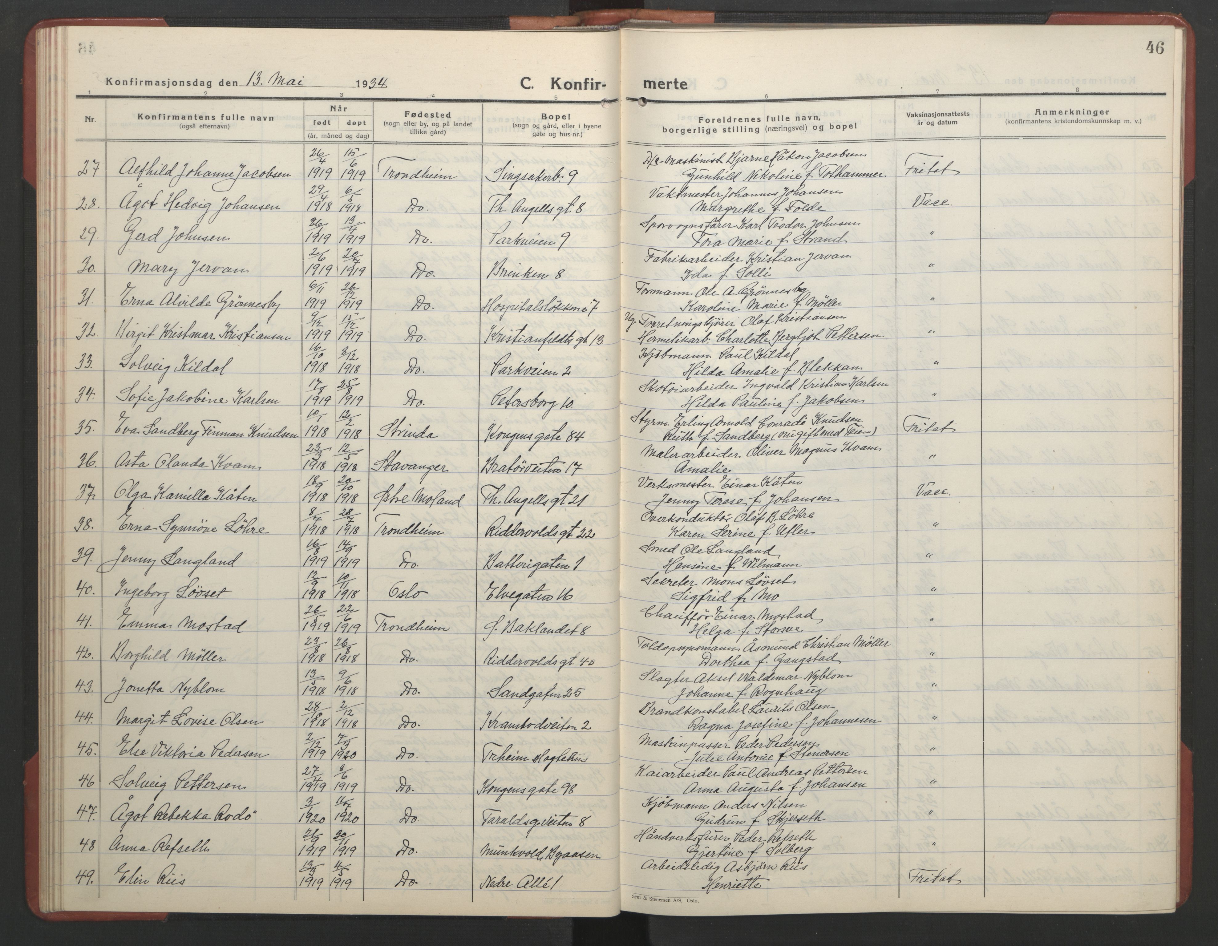 Ministerialprotokoller, klokkerbøker og fødselsregistre - Sør-Trøndelag, SAT/A-1456/602/L0151: Parish register (copy) no. 602C19, 1925-1951, p. 46