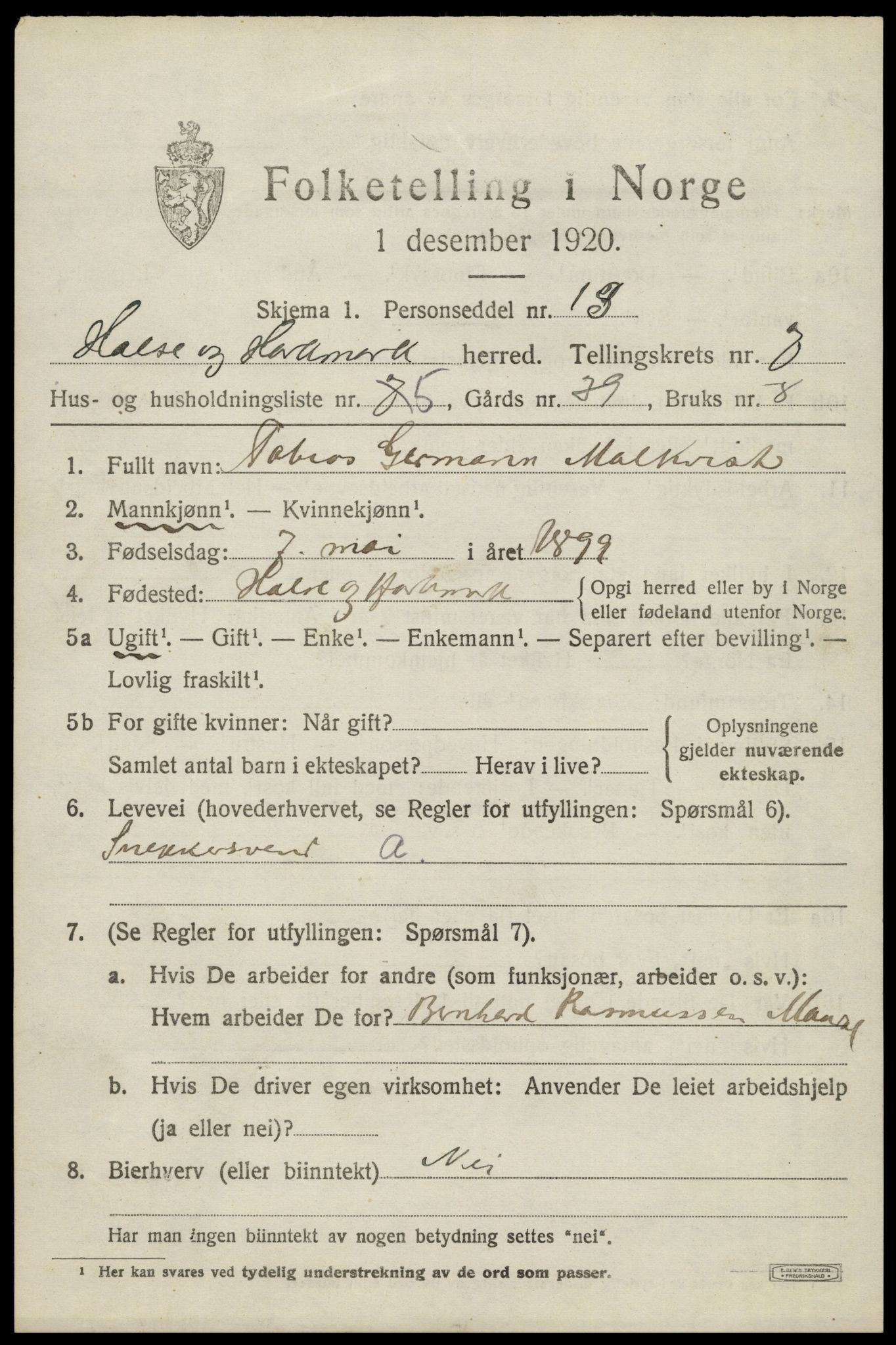 SAK, 1920 census for Halse og Harkmark, 1920, p. 3769