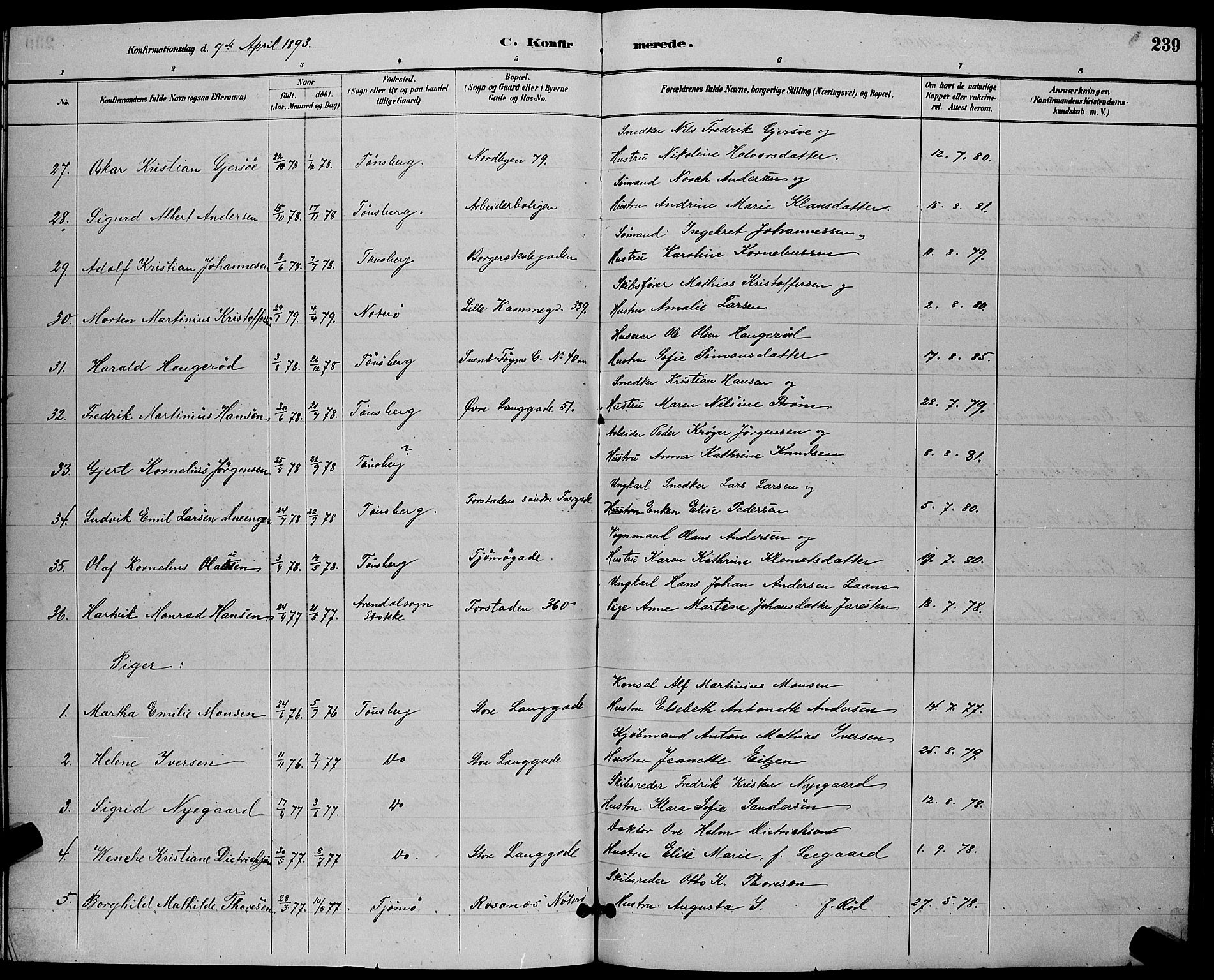 Tønsberg kirkebøker, AV/SAKO-A-330/G/Ga/L0006: Parish register (copy) no. 6, 1885-1895, p. 239